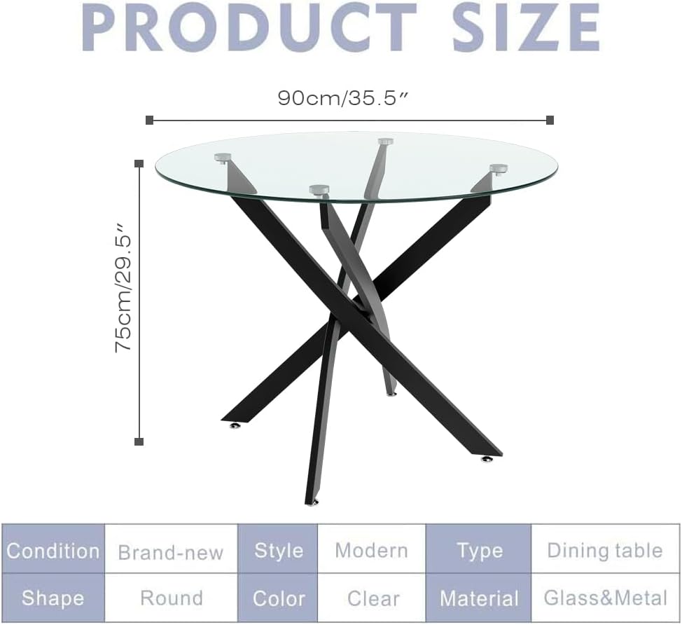 BNIB-GOLDFAN Glass Dining Table, 35.5 inches Round Modern Kitchen Table Home Furniture with Black Metal Legs