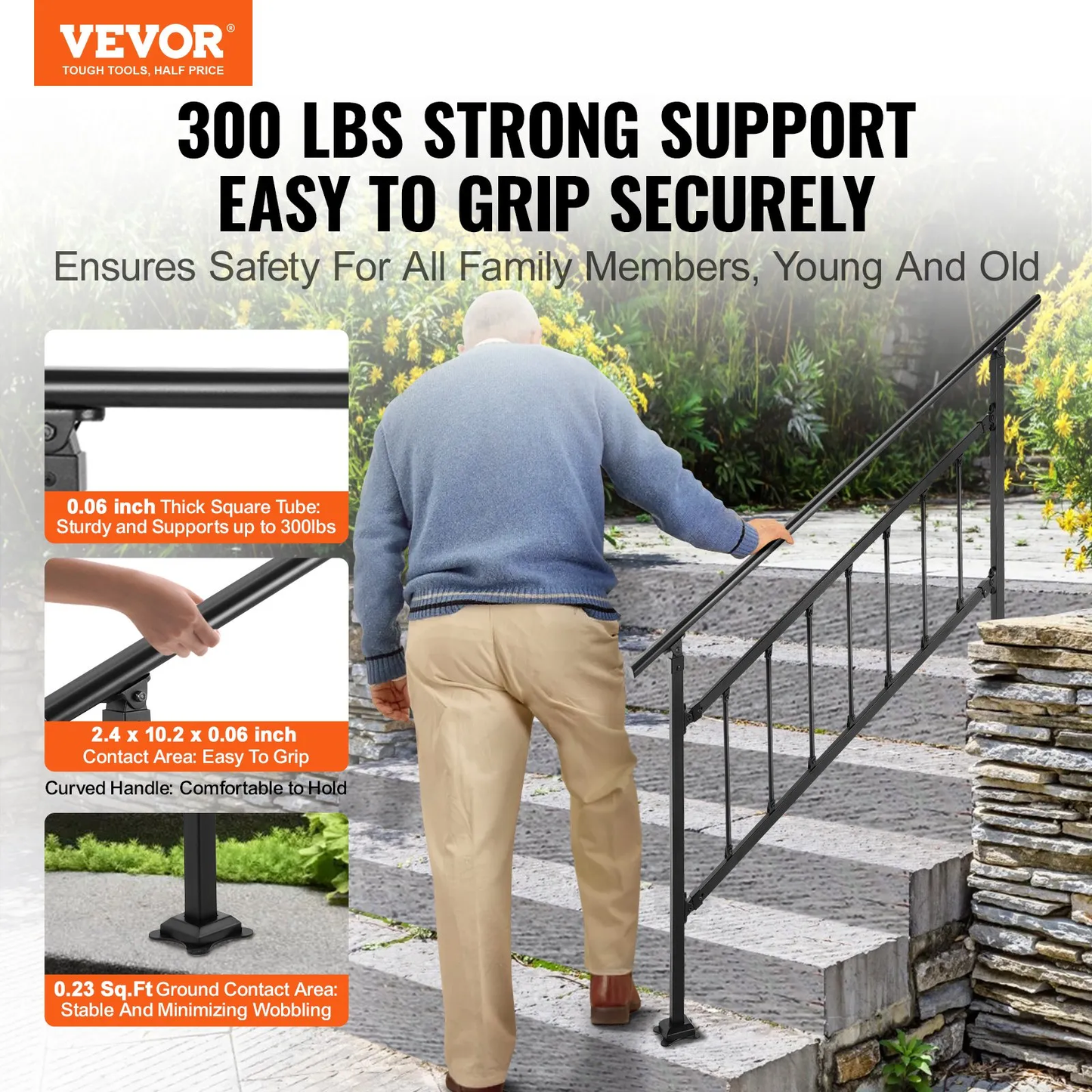 VEVOR Outdoor Stair Railing, Fits for 1-4 Steps Transitional Wrought Iron Handrail, Adjustable,-$80
