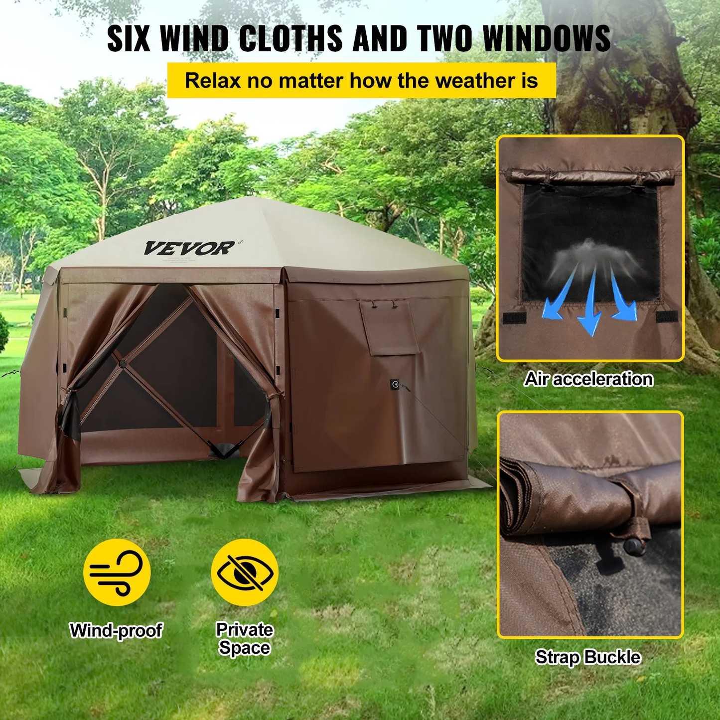 VEVOR Gazebo Screen Tent, 12 x 12 ft, 6 Sided Pop-up Camping Canopy Shelter Tent with Mesh Windows,-$180