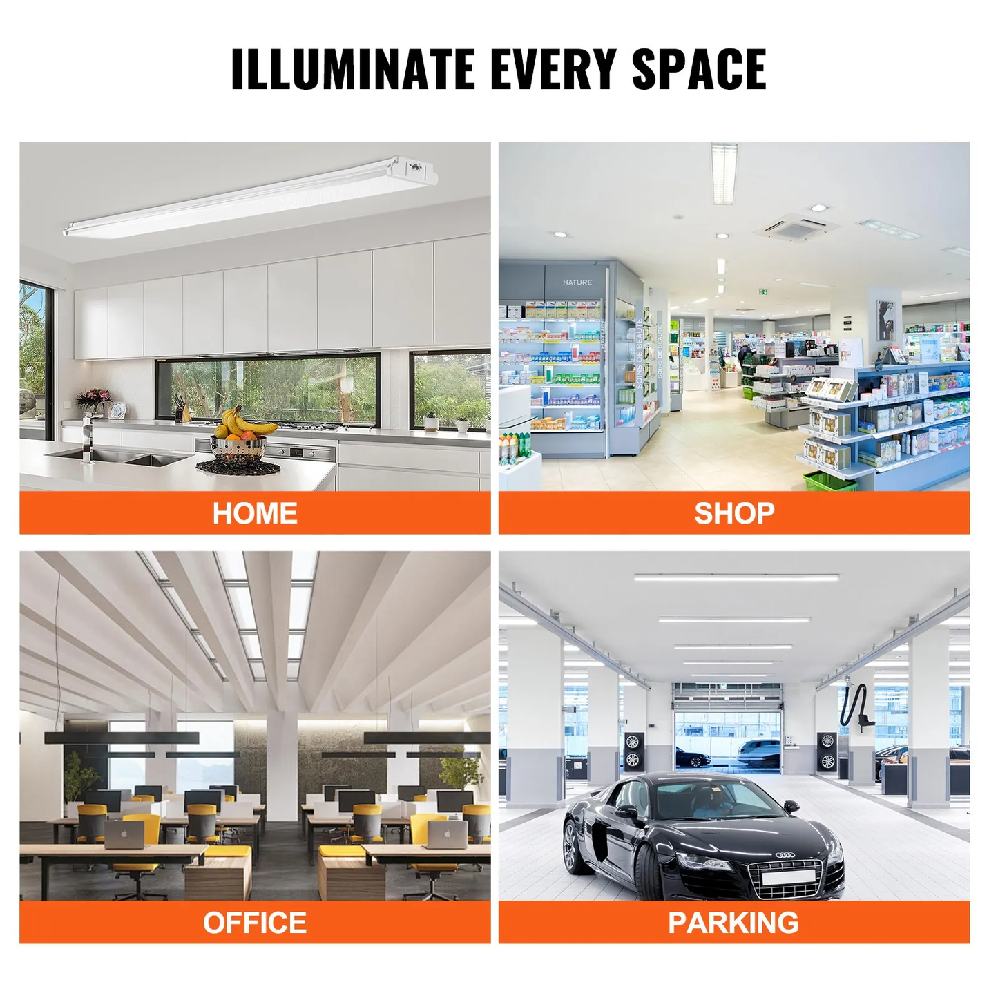 Open Box VEVOR 8FT LED Wraparound Light, 110W 10,000LM, Flush Mount LED Shop Light, 2 Pack 6500K Daylight LED