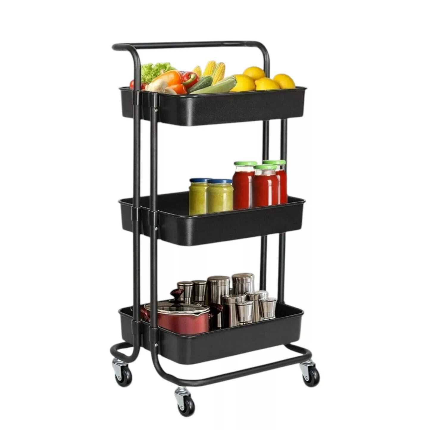 Brand New Amazon Basics 3-Tier Rolling Utility Cart | Classic Black with Handle