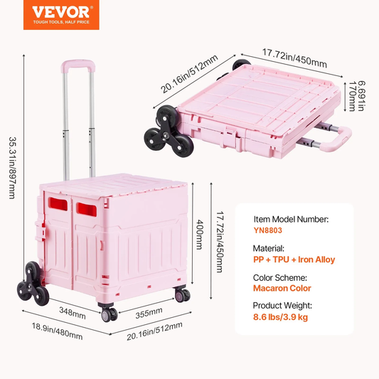 VEVOR Foldable Utility Cart, 65L Collapsible Portable Crate Rolling Cart with Stair Climbing & 360°Wheels,-$50