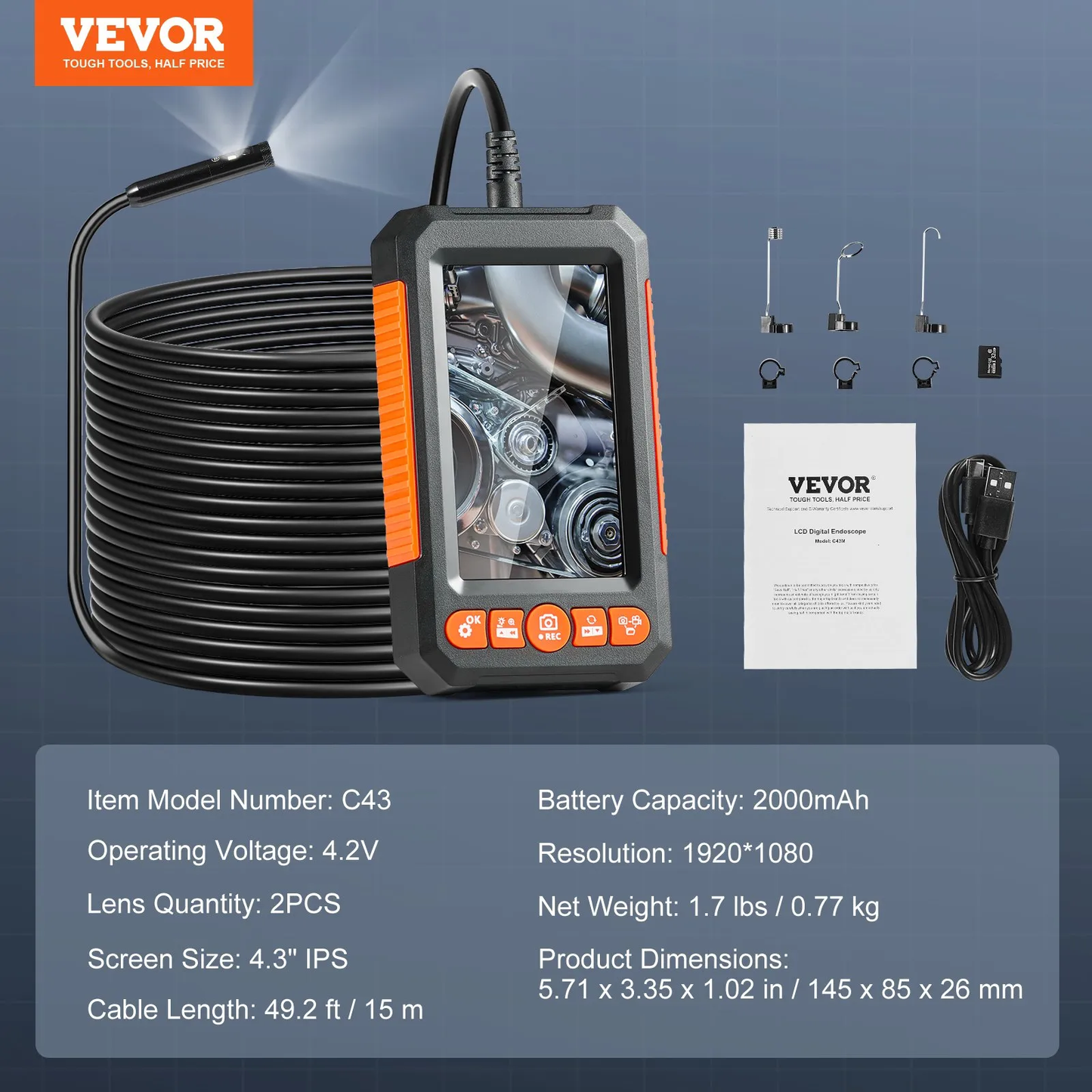 VEVOR Endoscope Camera with Light, Dual Lens Borescope with 49.2FT Semi-Rigid Cable, 4.3" Screen 1080P,-$50