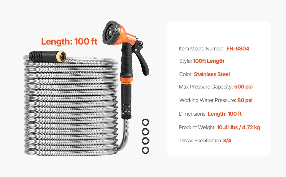 VEVOR Metal Garden Hose 100 ft, Rust Proof Stainless Steel Water Hose, Heavy Duty,-$40