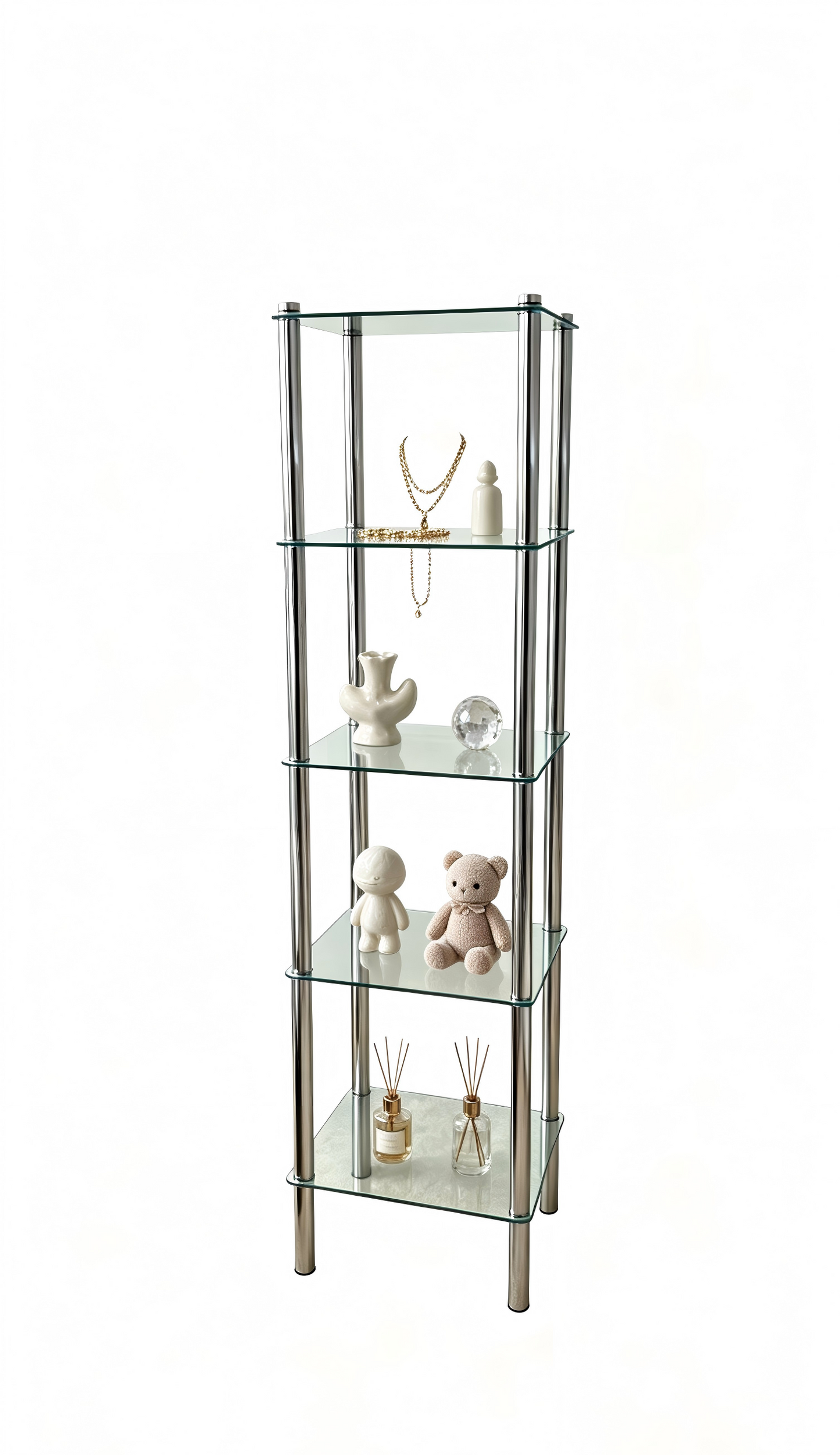 90% Like-New Assemble,5-Tier Glass & Metal Display Shelf,-$40