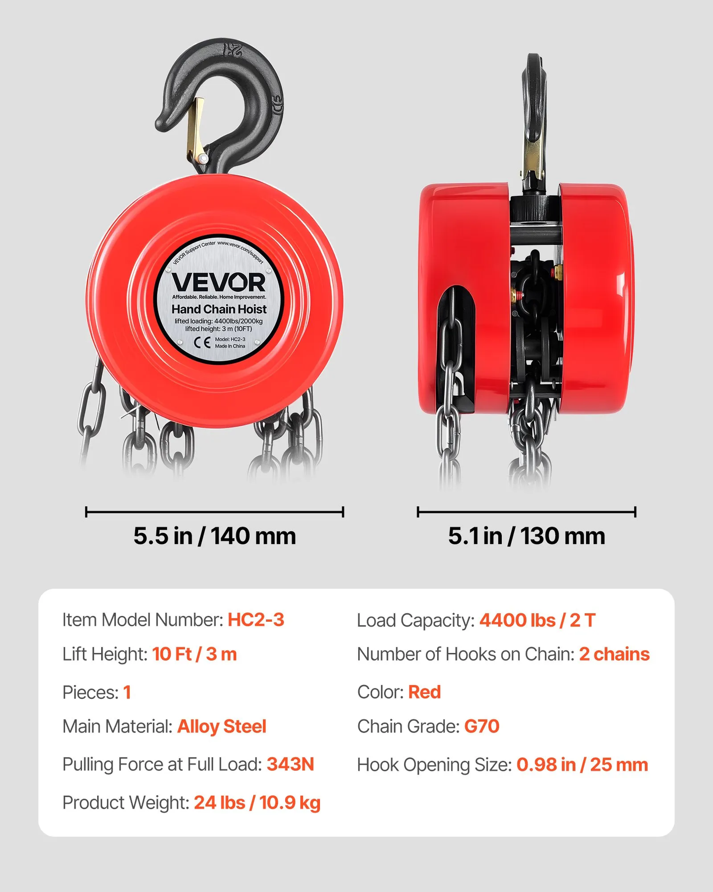 VEVOR Hand Chain Hoist, 2 Ton 4400 lbs Capacity, Manual Chain Block with Upgrade G70 Galvanized Chain,-$40