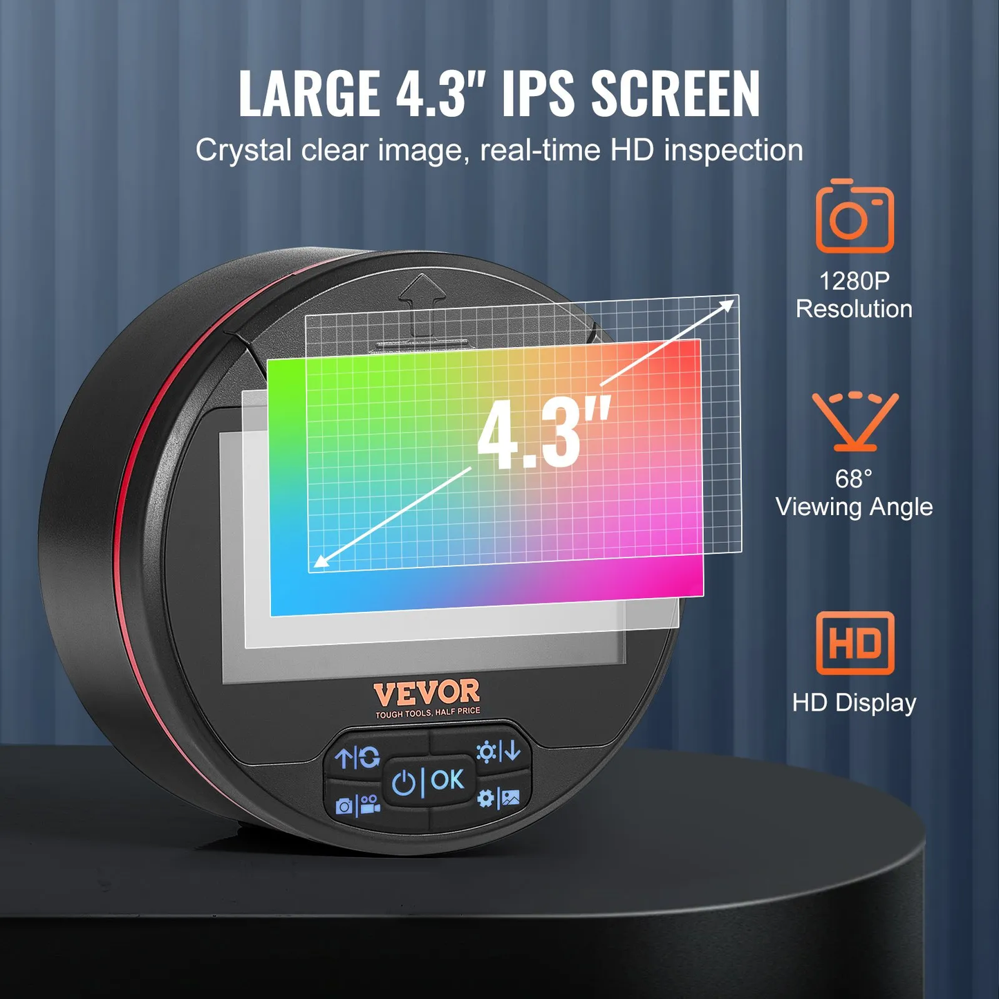 VEVOR Borescope Triple Lens Endoscope Camera, 4.3" IPS Screen Inspection Camera with 8 + 2 Lights,-$45