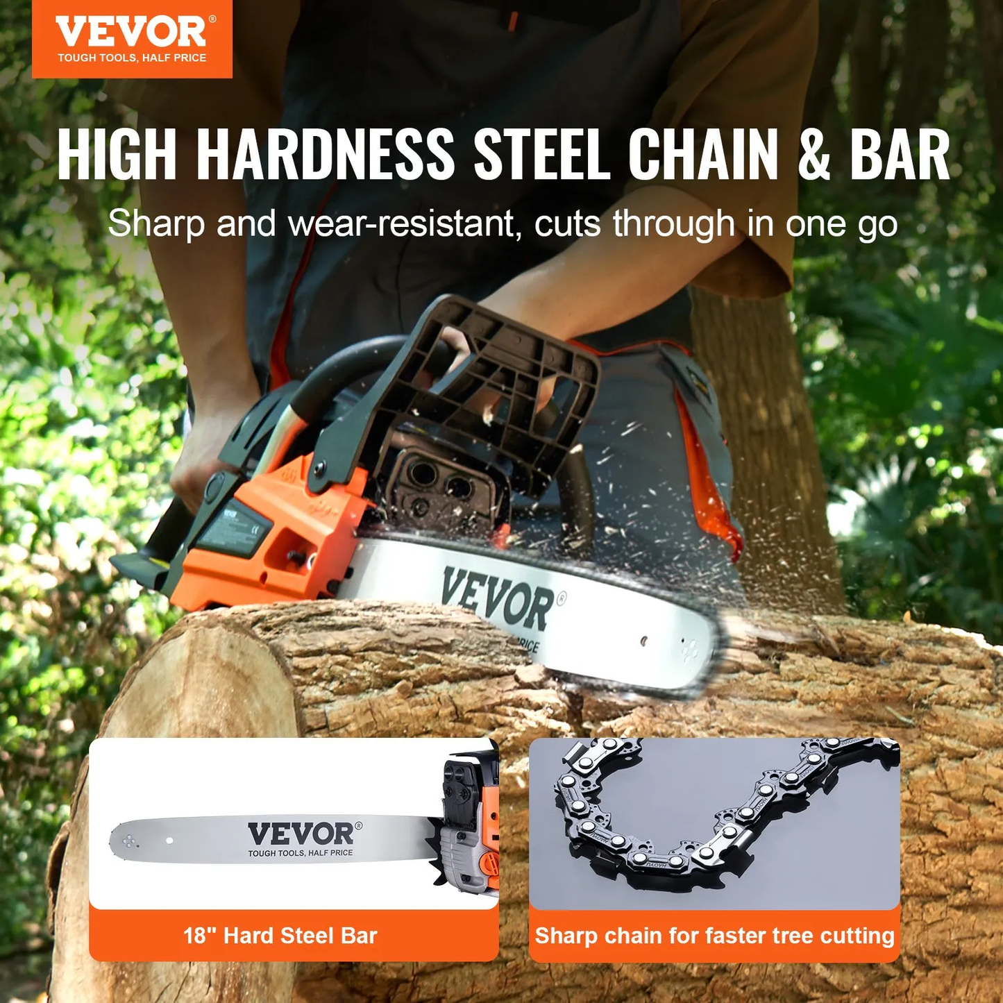 VEVOR Gas Chainsaw, 52CC 18" 2.55HP, Gasoline Powered Chain Saw, Handheld Cordless Petrol Chainsaws,-$100