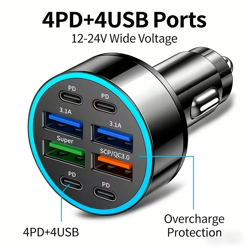BNIB-100W 8-Port Fast Car Charger | 4 PD + 4 USB Multi Port Car Charging Hub, 12-24V Wide Voltage,-$10