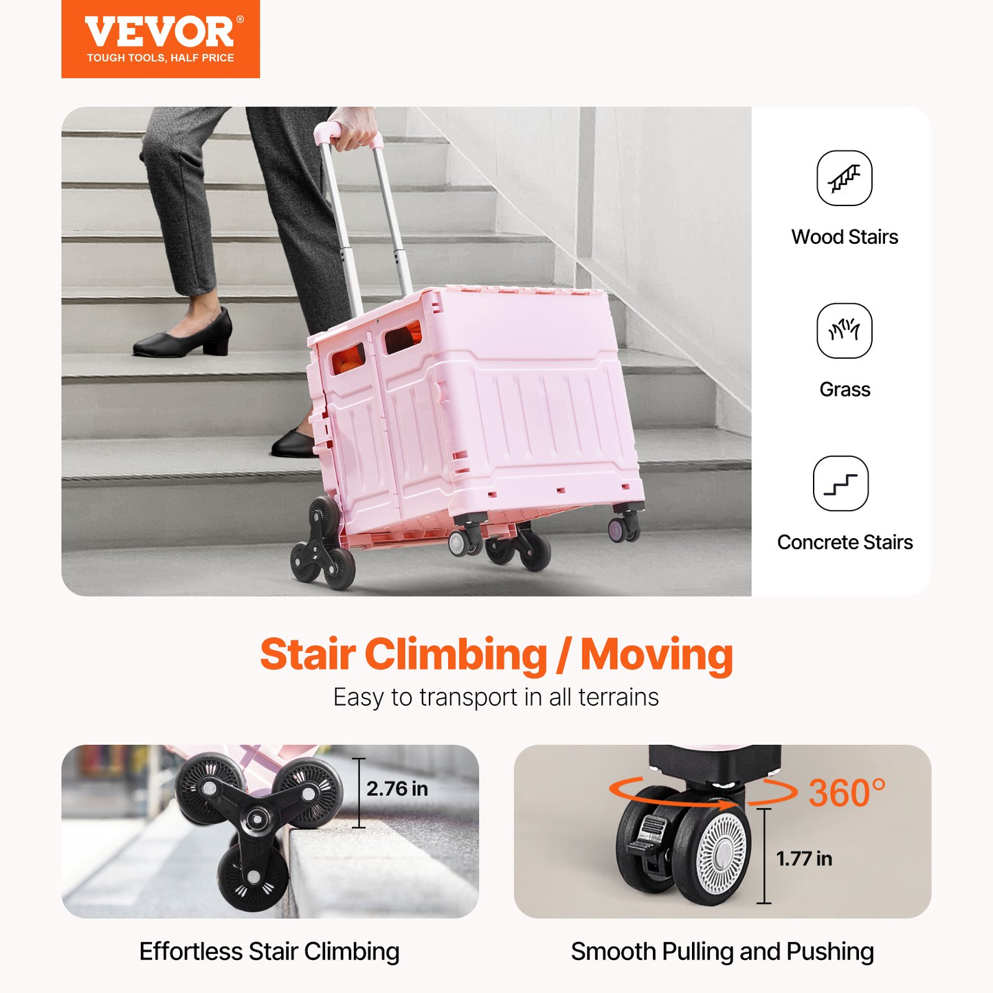 VEVOR Foldable Utility Cart, 65L Collapsible Portable Crate Rolling Cart with Stair Climbing & 360°Wheels,-$50