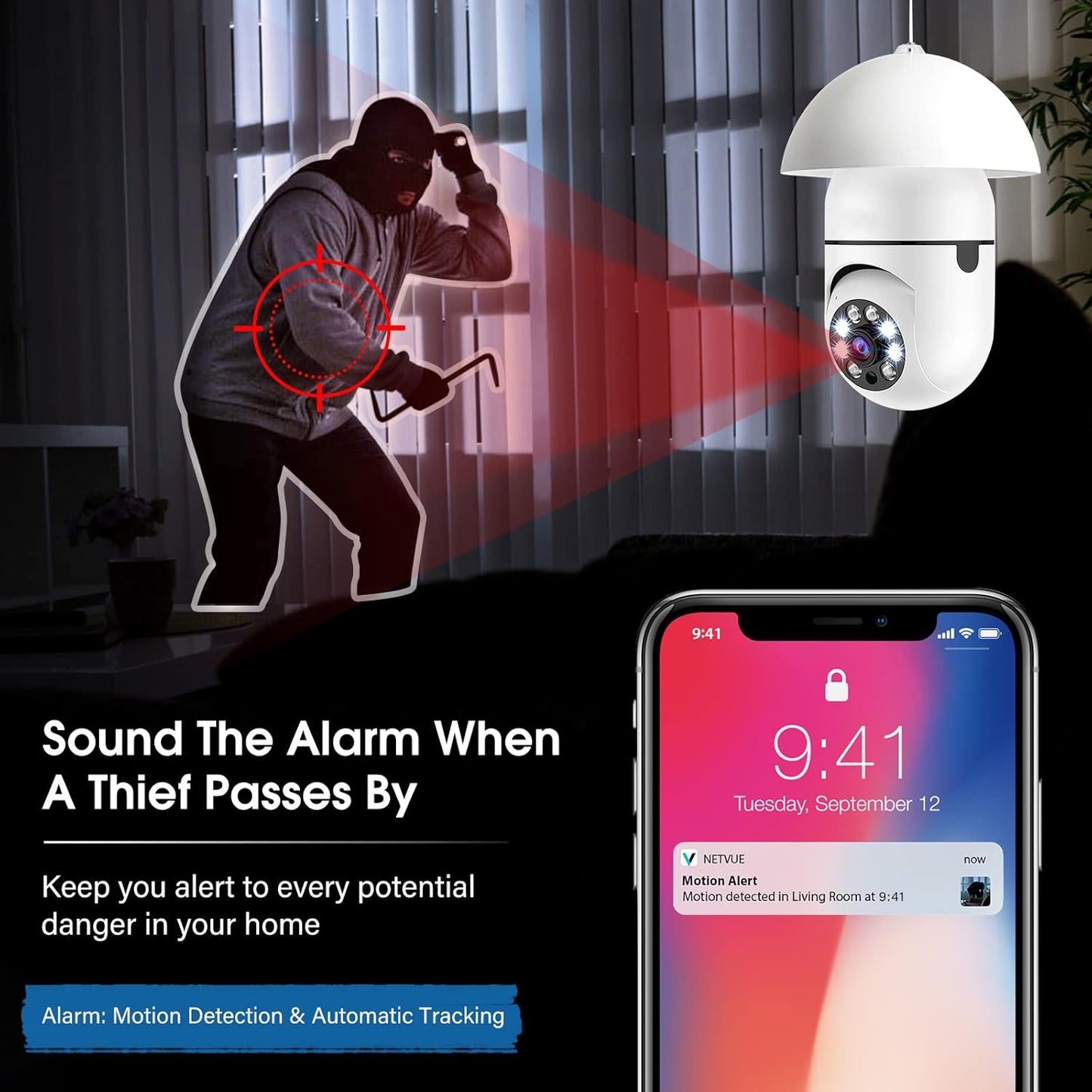 BNIB-Light Bulb Security Camera, 1080P Wireless Indoor Cam with 355°Pan/Tilt, 2.4GHz WiFi (Not 5G)