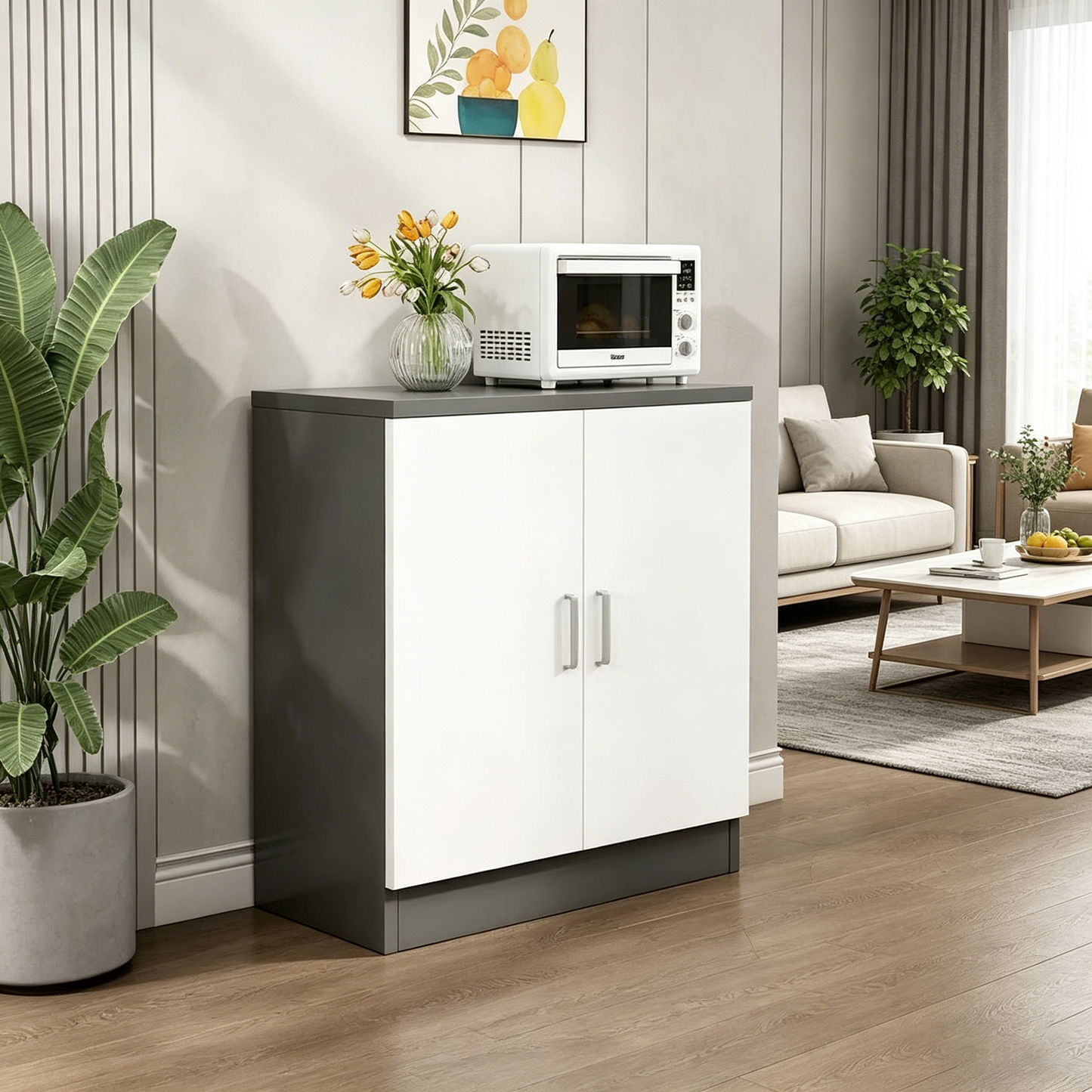 Brand New Assembled 2-door Sideboard Cabinet w/1 Adjustable Shelf, Storage Cupboard (Gray & White),-$80