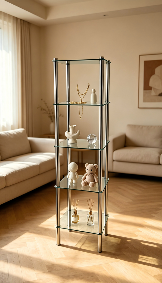 90% Like-New Assemble,5-Tier Glass & Metal Display Shelf,-$40