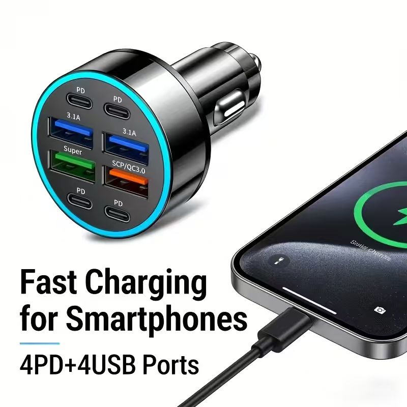 BNIB-100W 8-Port Fast Car Charger | 4 PD + 4 USB Multi Port Car Charging Hub, 12-24V Wide Voltage,-$10