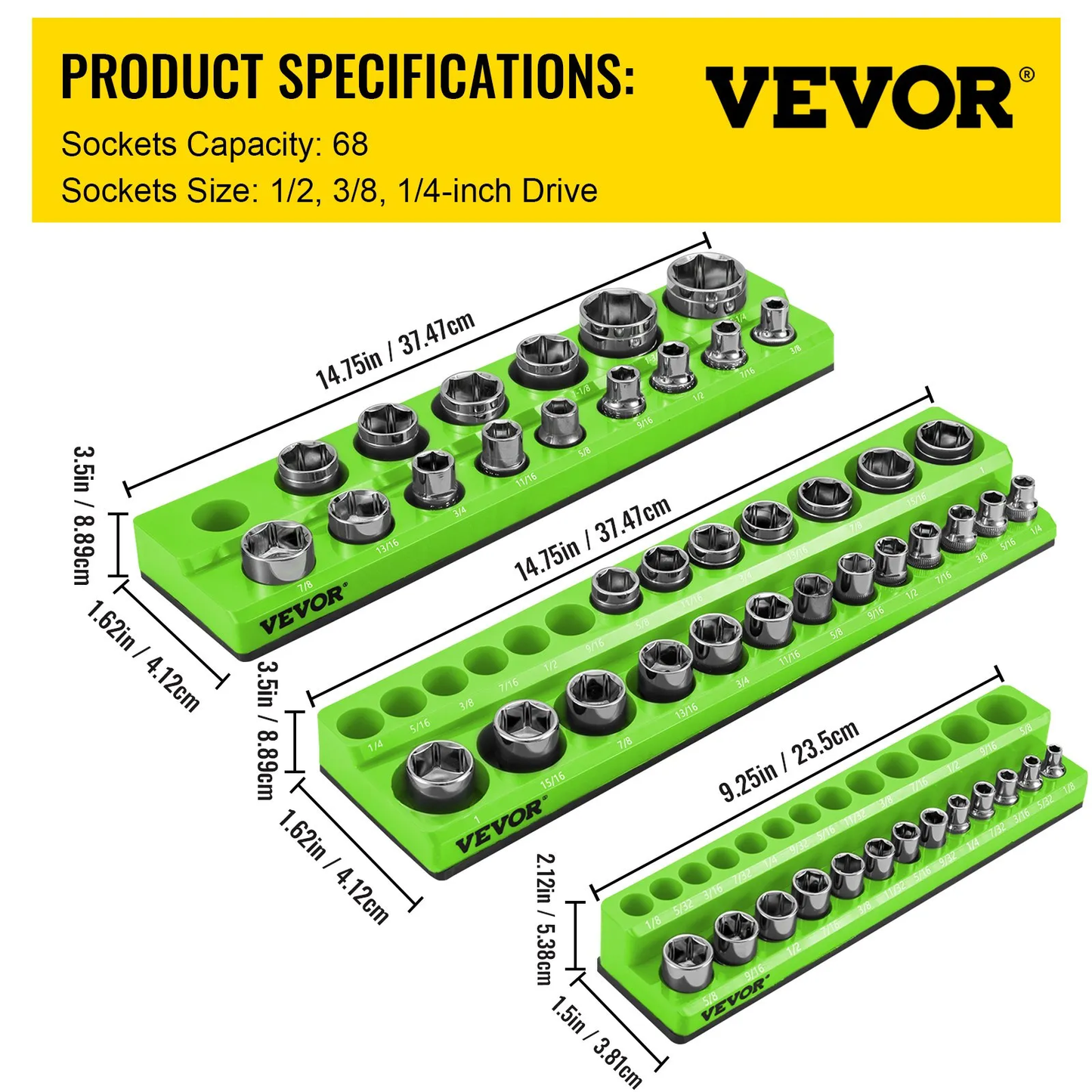 VEVOR 3-Pack SAE Magnetic Socket Organizers, 1/2-inch, 3/8-inch, 1/4-inch Drive Socket Holders Hold 68 Sockets