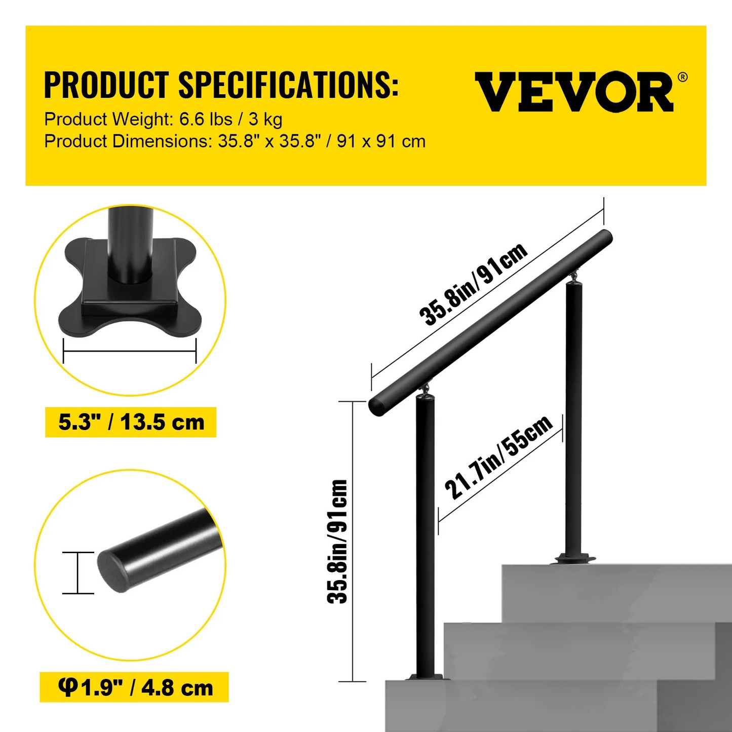 VEVOR Handrail Outdoor Stairs, 3ft, 34 Inch Outdoor Handrail, Outdoor Stair Railing Adj from 0 to 60 Degrees,-$45