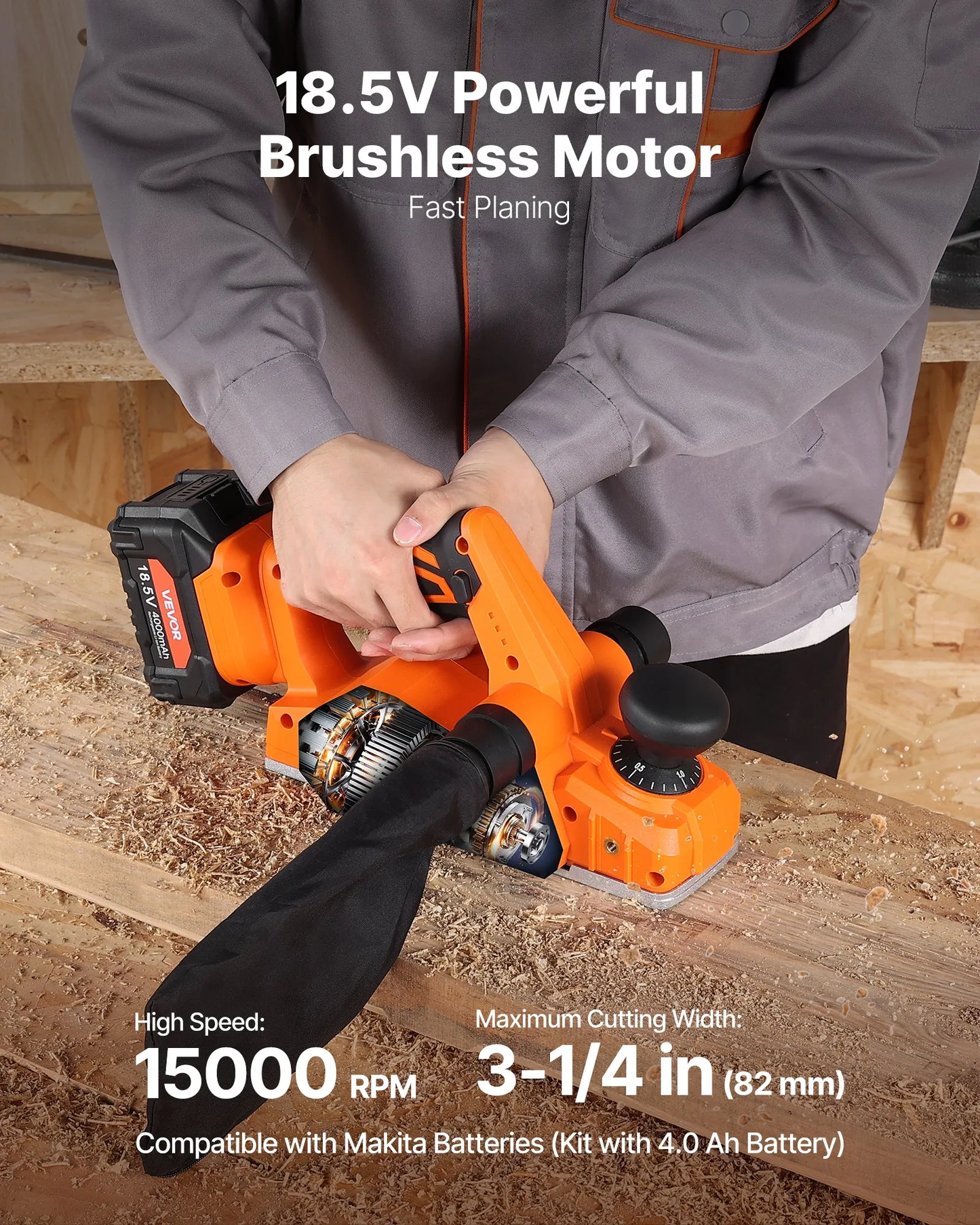 VEVOR Cordless Handheld Planer, 3-1/4-Inch Cut Width, 15000 RPM Electric Hand Wood Planer,-$80