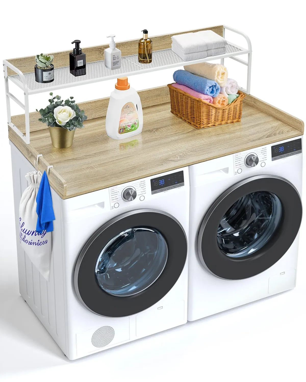 VEVOR Washer Dryer Countertop with 2-Tier Shelf, 54" x 27" Wooden Washer and Dryer Countertop