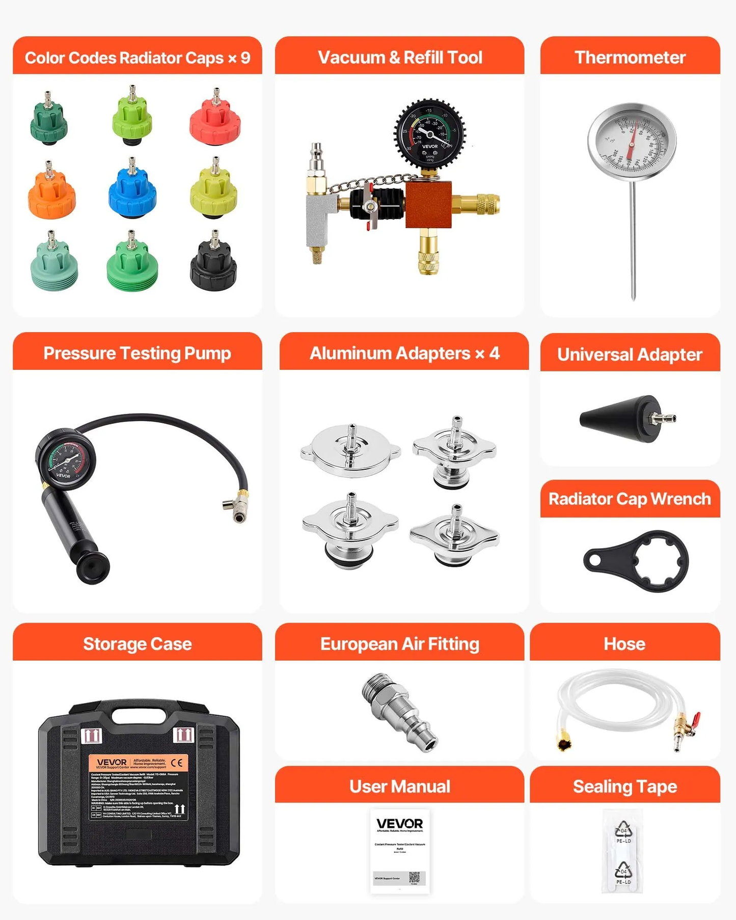 VEVOR Coolant Pressure Tester Kit, 28Pcs Radiator Vacuum Refill Kit with 4 Adapters, Universal Fit,-$45