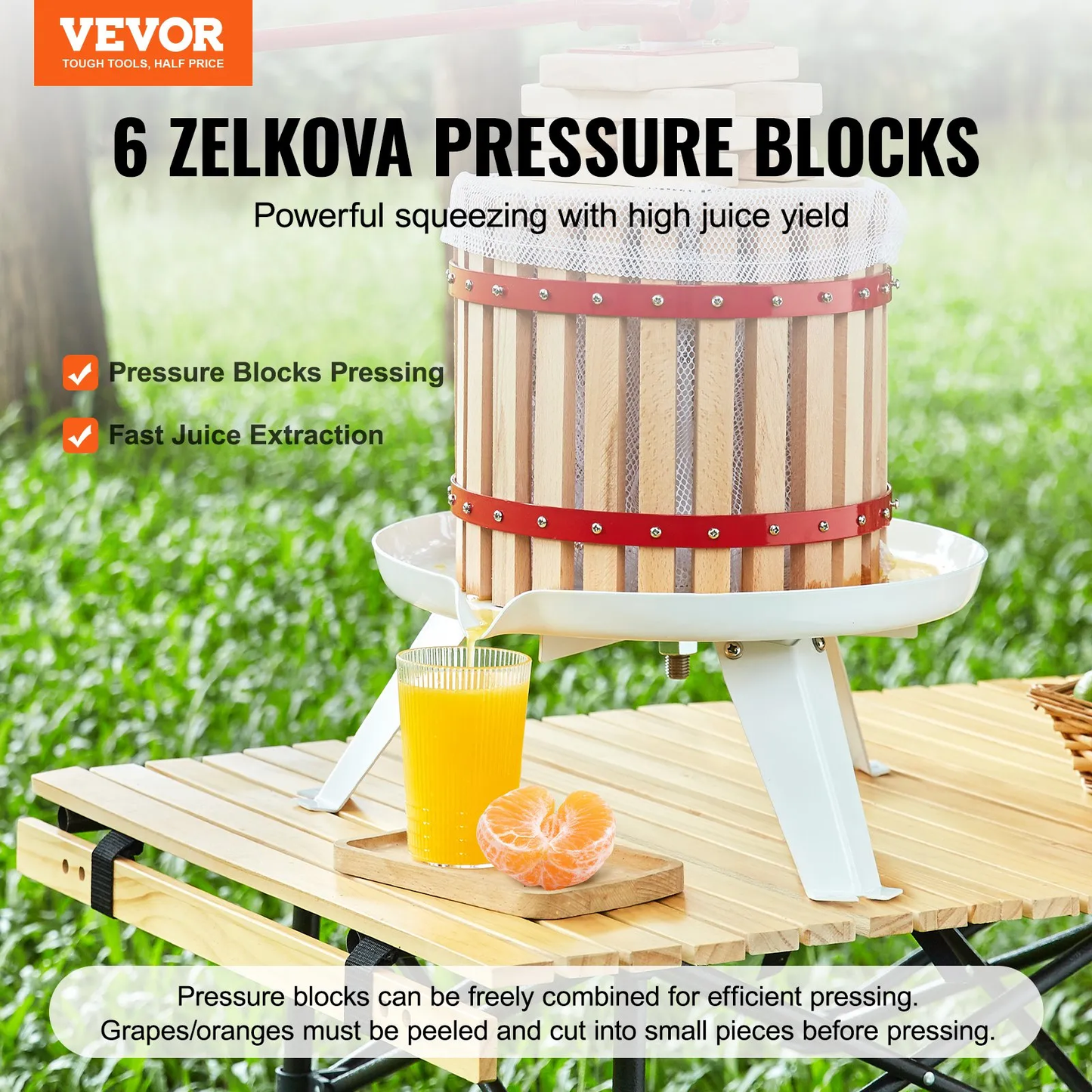 VEVOR Fruit Wine Press, 1.6 Gal/6.4L, Solid Wood Basket with 6 Blocks, Manual Juice Maker,-$45