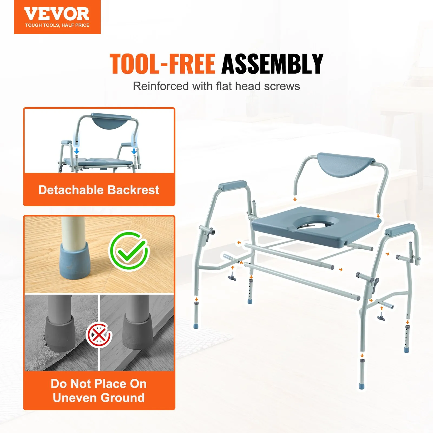 VEVOR Commode Chair, Bedside Commode with Drop-Down Arms and Detachable Backrest,-$80
