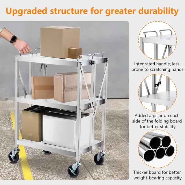 BNIB-Foldable 3 Tier Metal Utility Rolling Cart, 25 x 15.8 x 37.8", 440 lbs Load Capacity, Silver,-$180