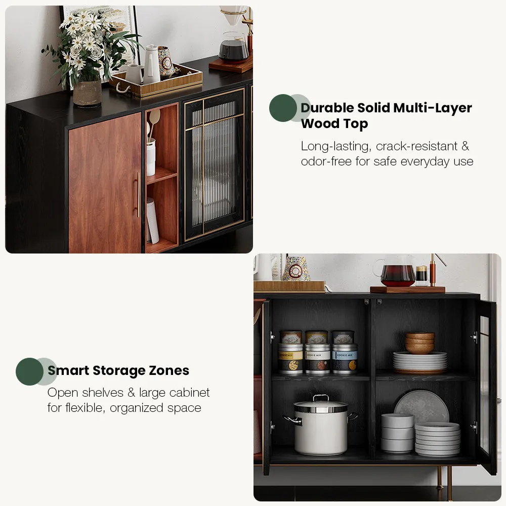 BNIB-POVISON 55'' Mid-Century Modern Credenza, Solid Wood Sideboard Buffet Cabinet, Walnut Finish,-$1000