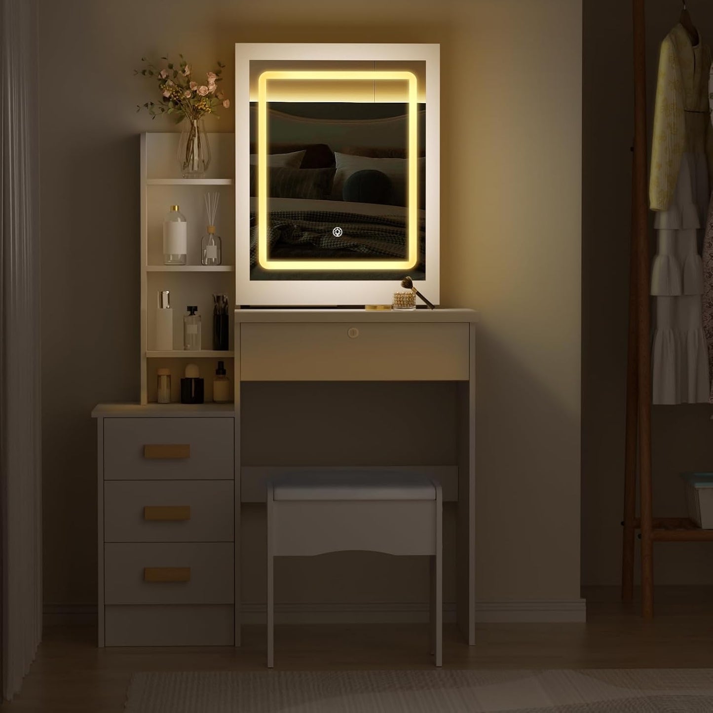 BNIB-Frogued Vanity Desk with LED Lighted Round Mirror, 3 Lighting Modes Makeup Table,-$100