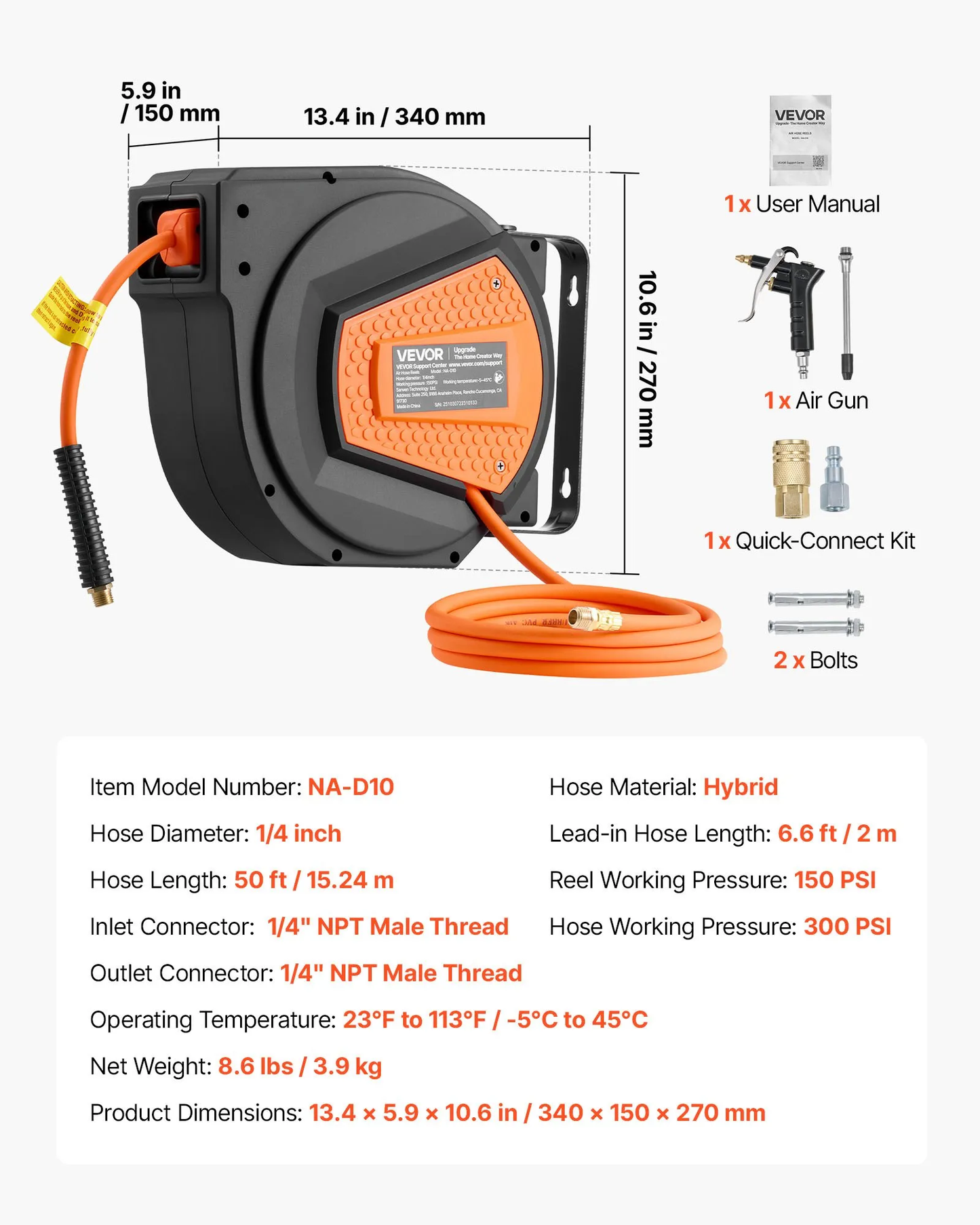 VEVOR Retractable Air Hose Reel, 1/4 Inch x 50 FT Hybrid Air Hose Max 300PSI,-$40