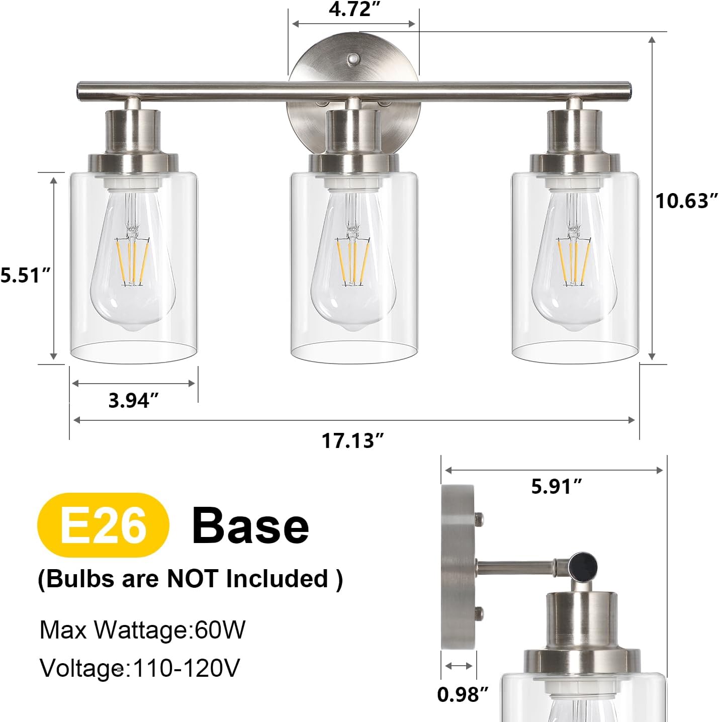 BNIB-3 Light Vanity Lights, Brushed Nickel Wall Sconce Light with Clear Glass,(Bulbs Not Included),-$35