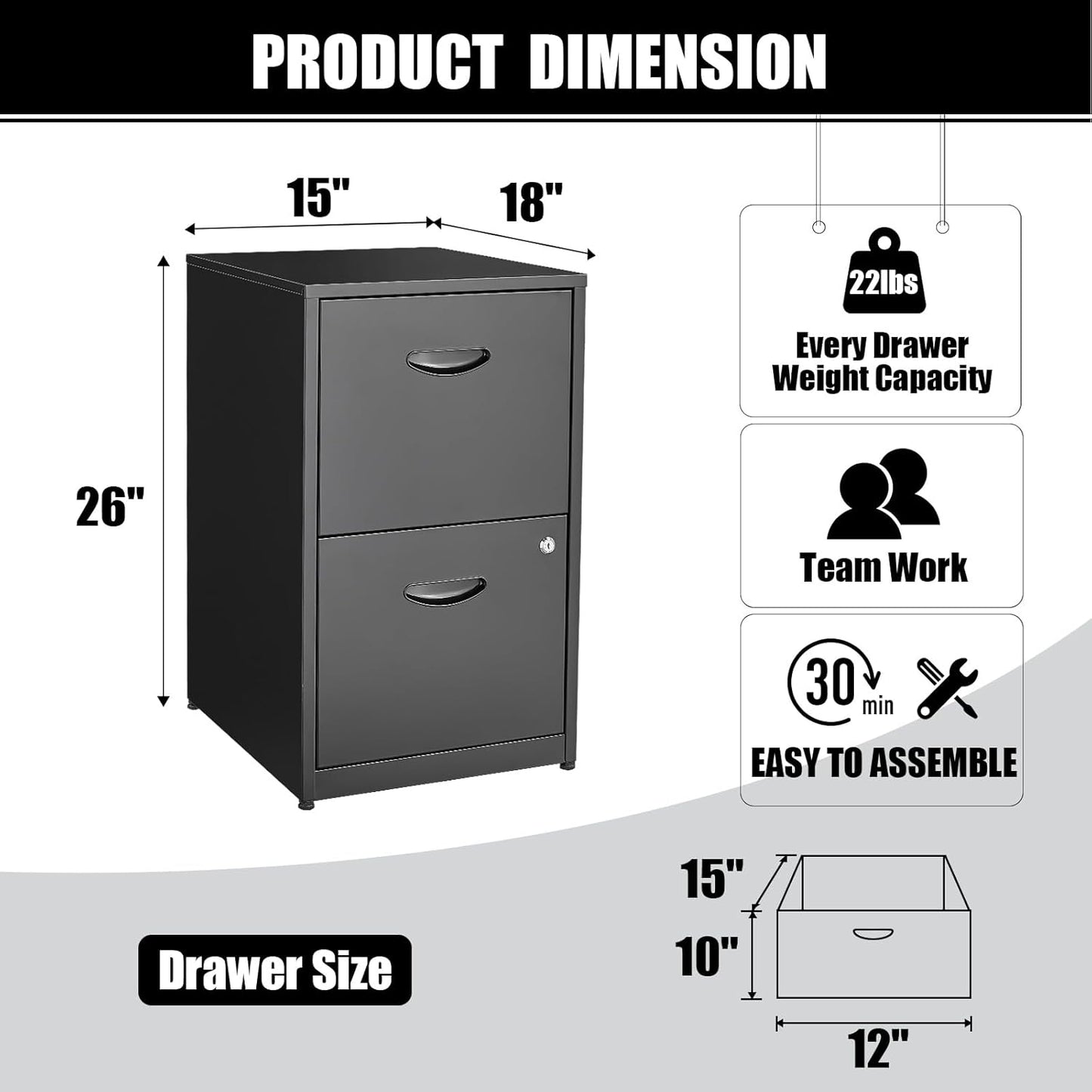 Brand New Filing Cabinet 2 Drawer with Lock, Under Desk Metal Filing Cabinet(black)