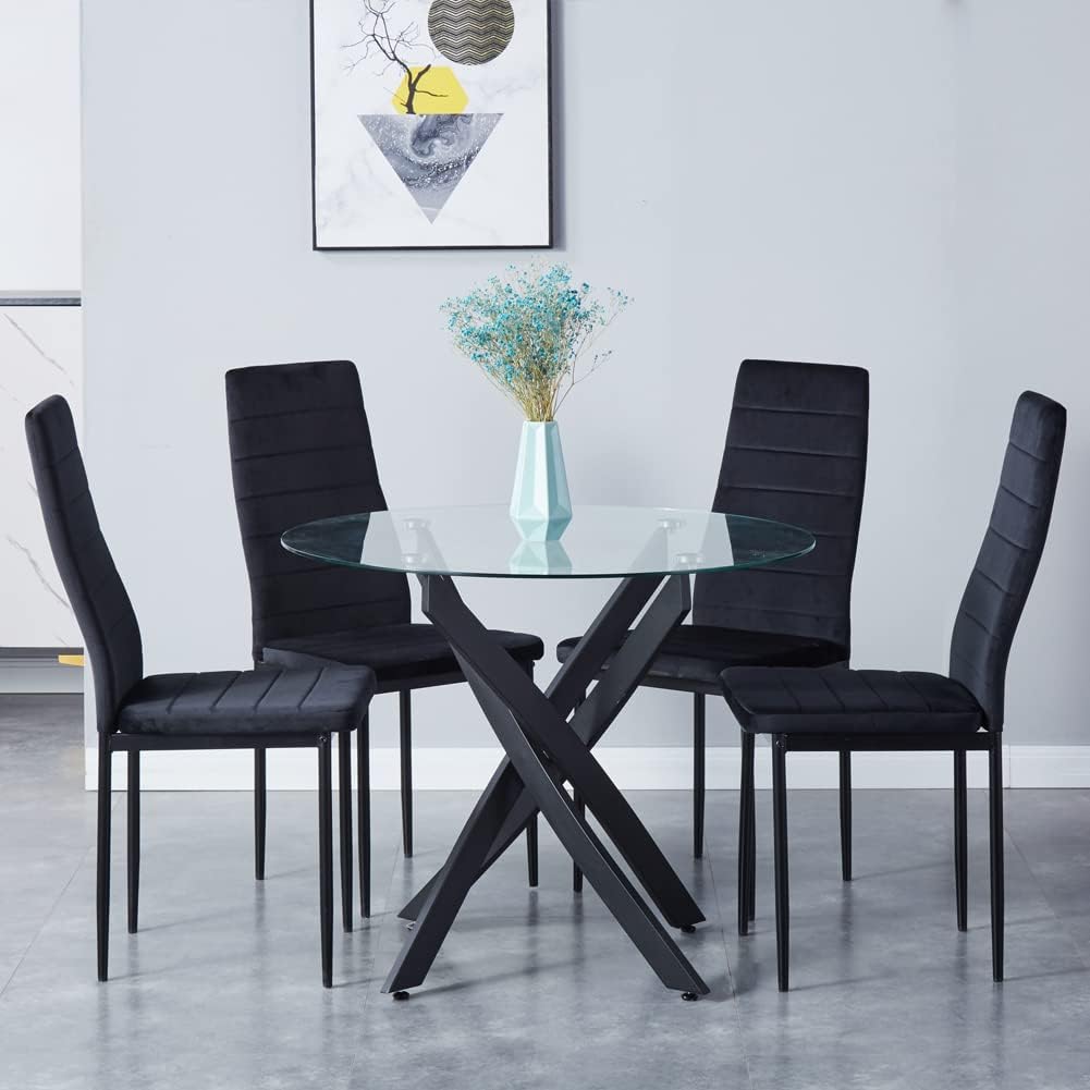 BNIB-GOLDFAN Glass Dining Table, 35.5 inches Round Modern Kitchen Table Home Furniture with Black Metal Legs