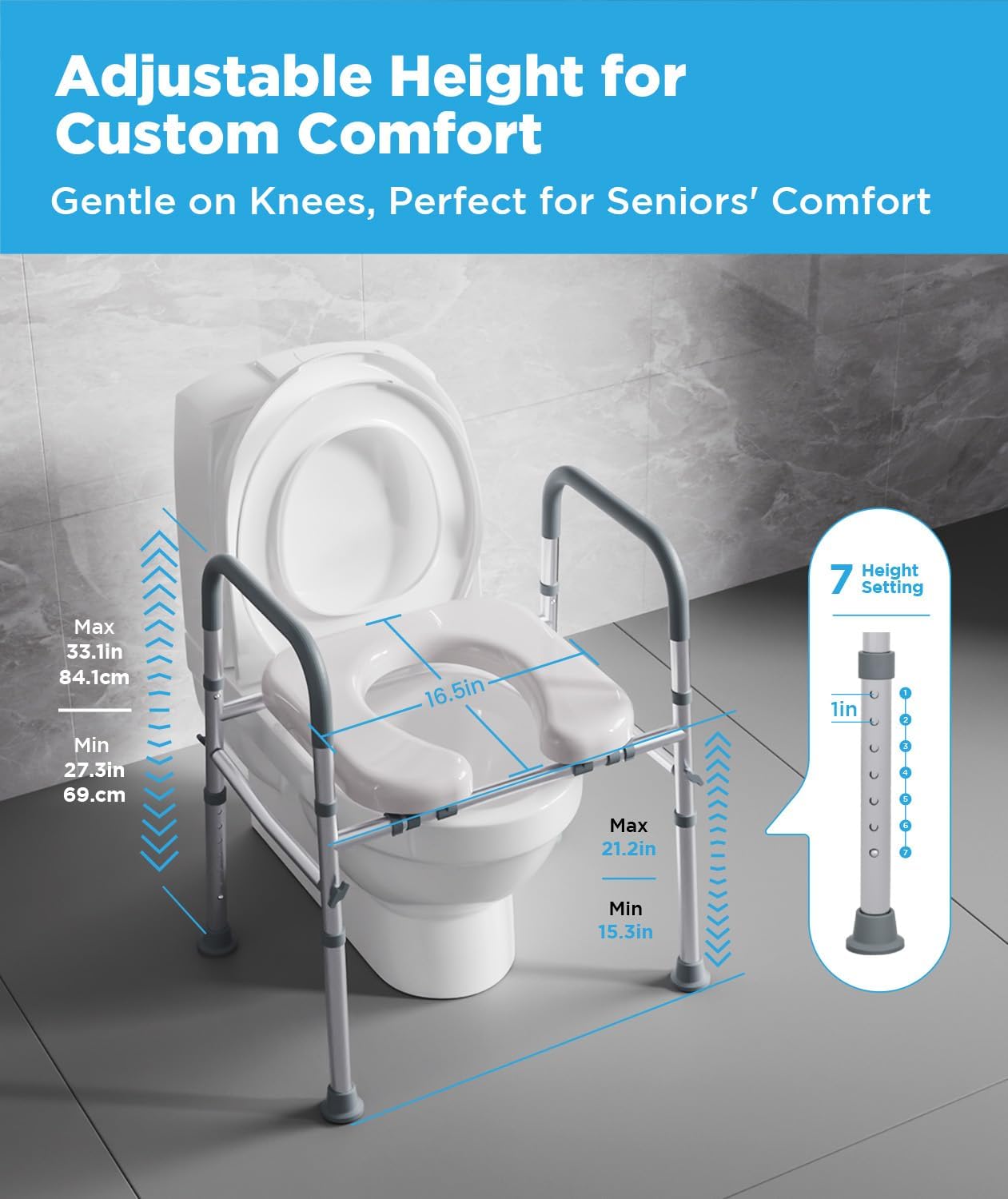BNIB-Elevated Toilet Seat with Support Handles, Adj Height & Width Seat Riser, Weight  Up to 500 lbs,-$50