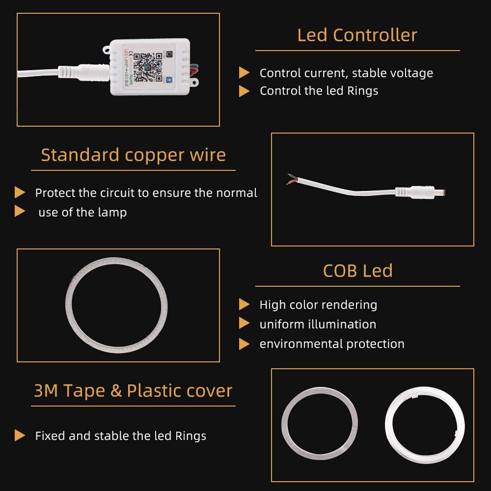 BNIB-70MM Multi-Color RGB LED Halo Rings Light COB Mart Phone iOS Android App Bluetooth Control,-$25