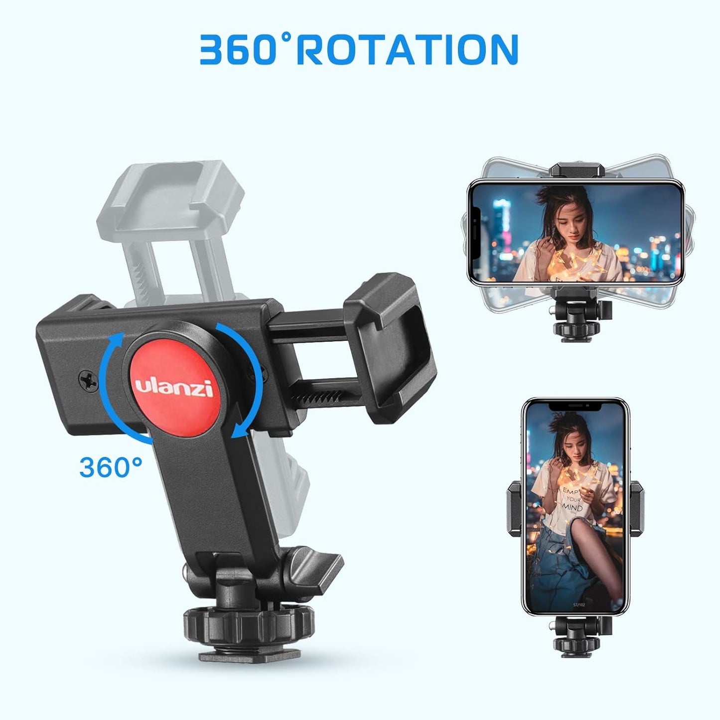 BNIB-ULANZI Universal Phone Tripod Mount with Cold Shoe Mount, Rotated Cell Phone Clamp Holder