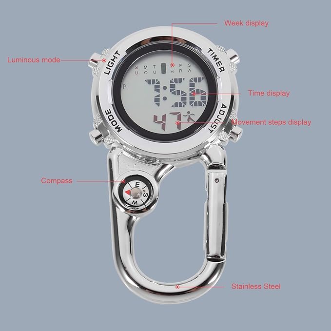 BNIB-ibasenice Carabiner Watch- Stainless Steel Clip on Multi- Function Digital Carabiner Watch Fob Watch