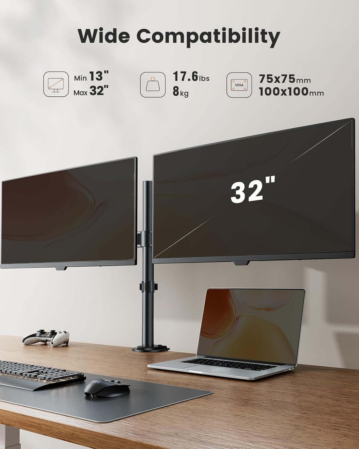 BNIB-ErGear Dual Monitor Desk Mount, Adjustable for 2 Computer Screens up to 32 inch,  Holds up to 17.6 lbs