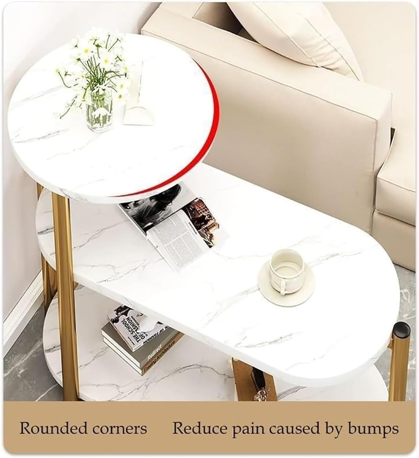 BNIB-3-Tier Side Table/Nightstand with White Marble Pattern MDF Wood Top and Golden Metal Frame
