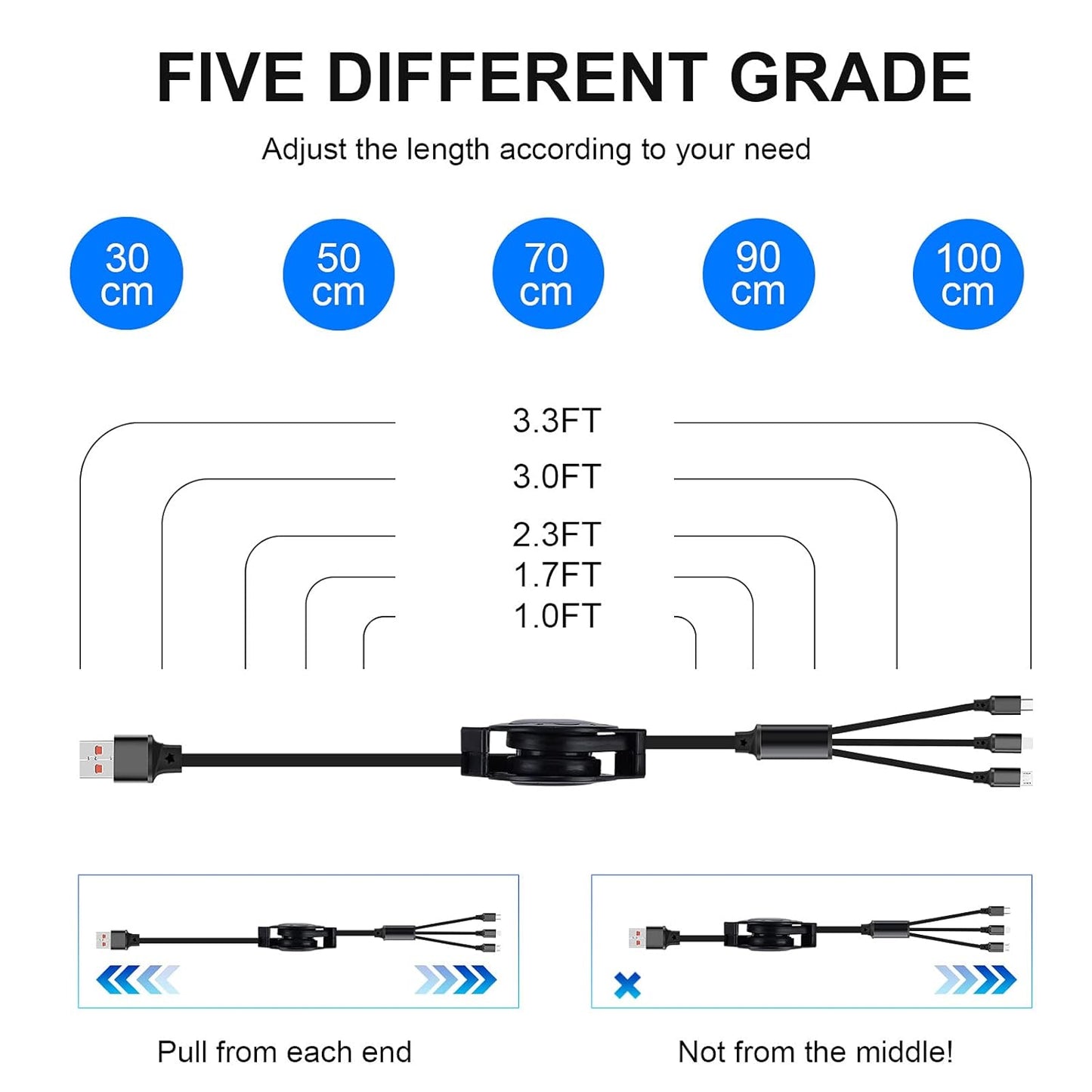 BNIB-3 Pack 3 in 1 Multi USB Retractable Charger Cable,3A Multiple Charging Cord Adapter