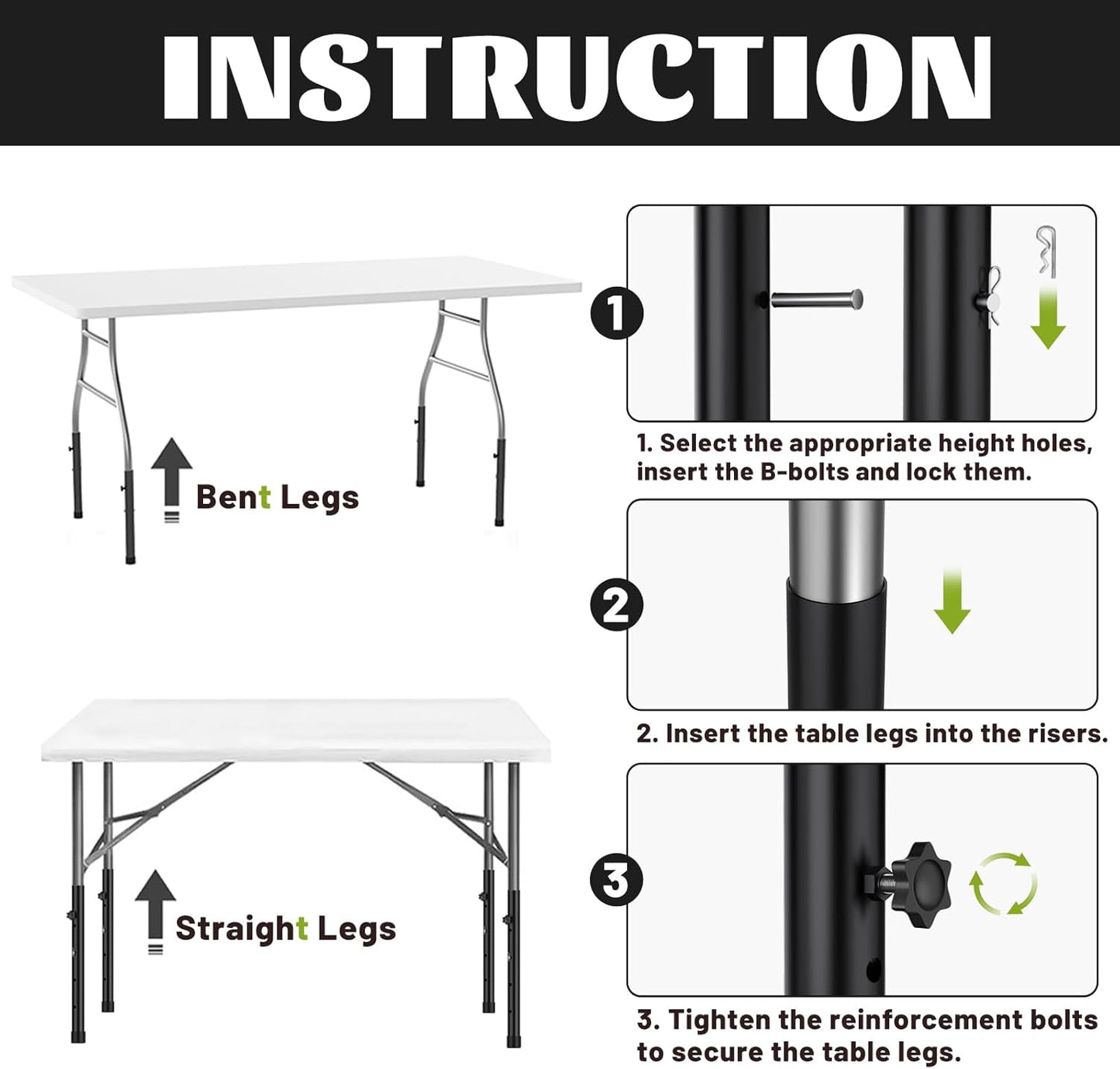 BNIB-Table Leg Extensions for Straight/Bent Folding Tables, Metal Extenders, Reduces Stooped Work, (4 Pack)