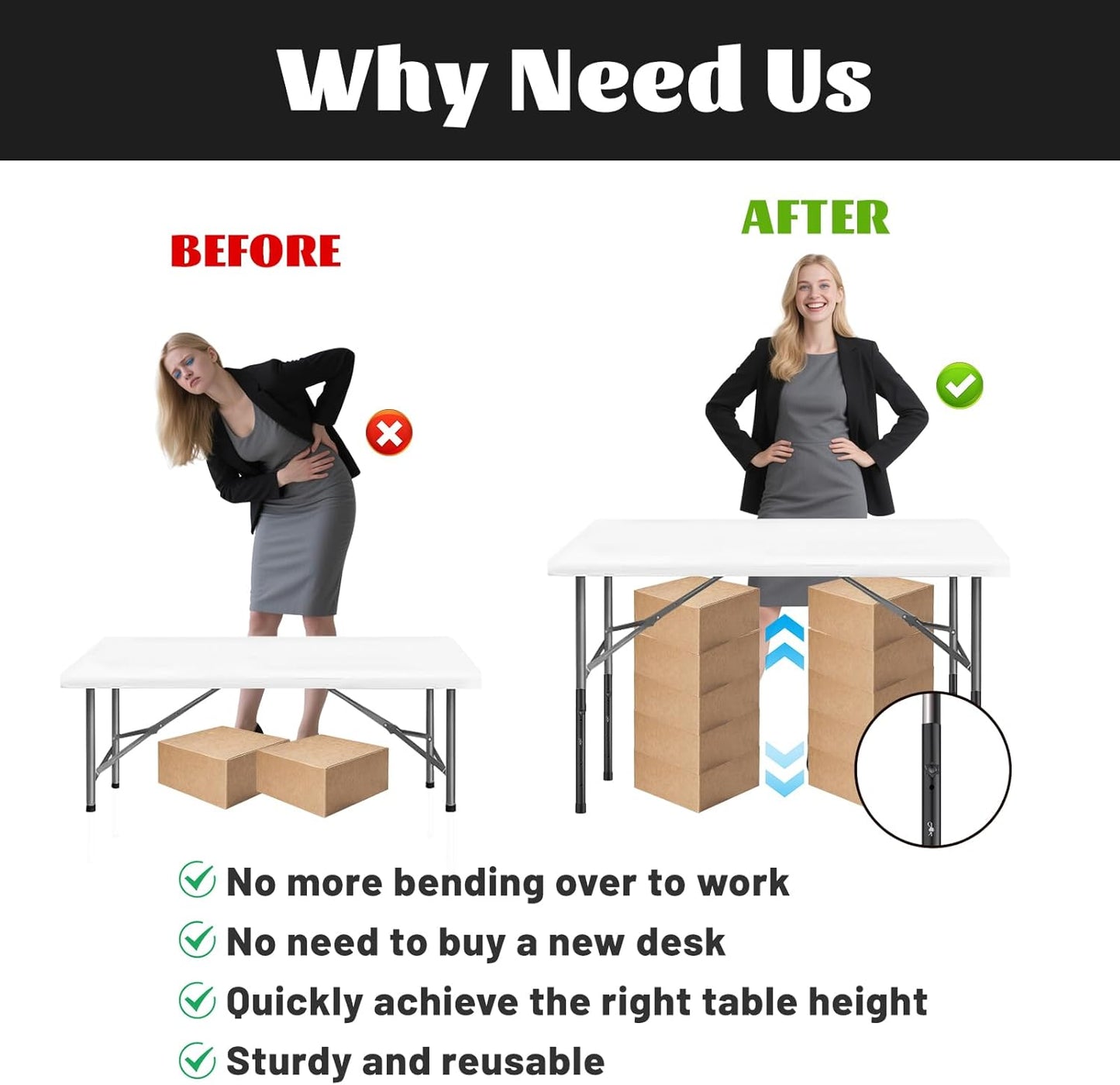 BNIB-Table Leg Extensions for Straight/Bent Folding Tables, Metal Extenders, Reduces Stooped Work, (4 Pack)