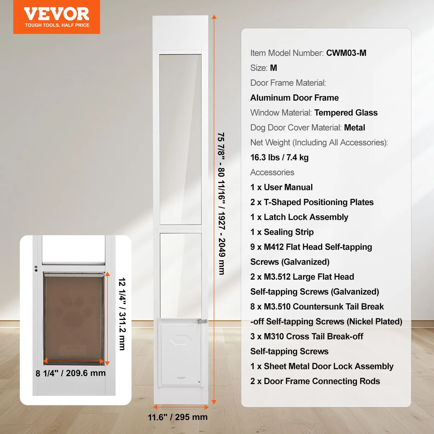 VEVOR Dog Door for Sliding Glass Door, 75 7/8"-80 11/16" Adjustable Height Doggy Door for Sliding Doors,-$90