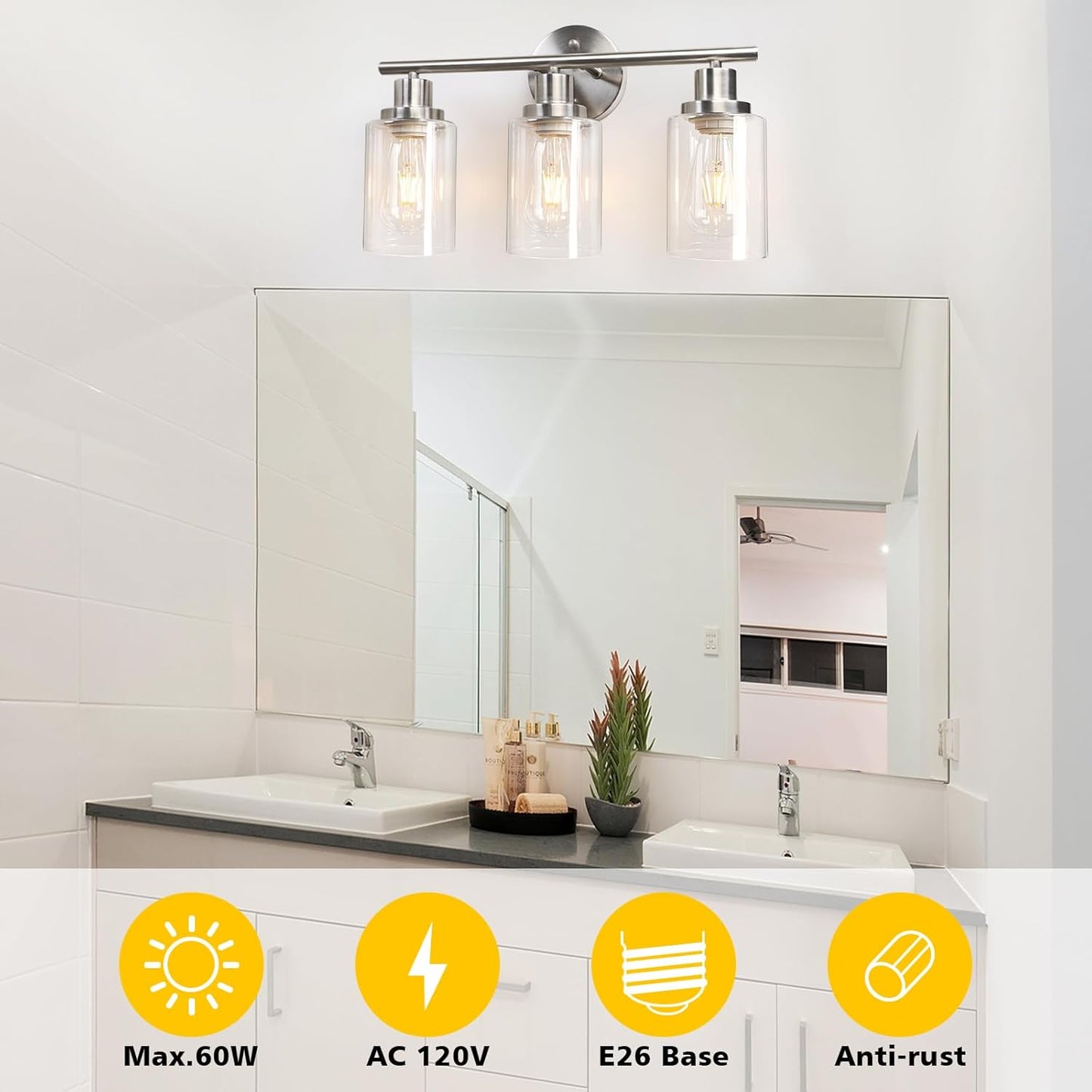 BNIB-3 Light Vanity Lights, Brushed Nickel Wall Sconce Light with Clear Glass,(Bulbs Not Included),-$35