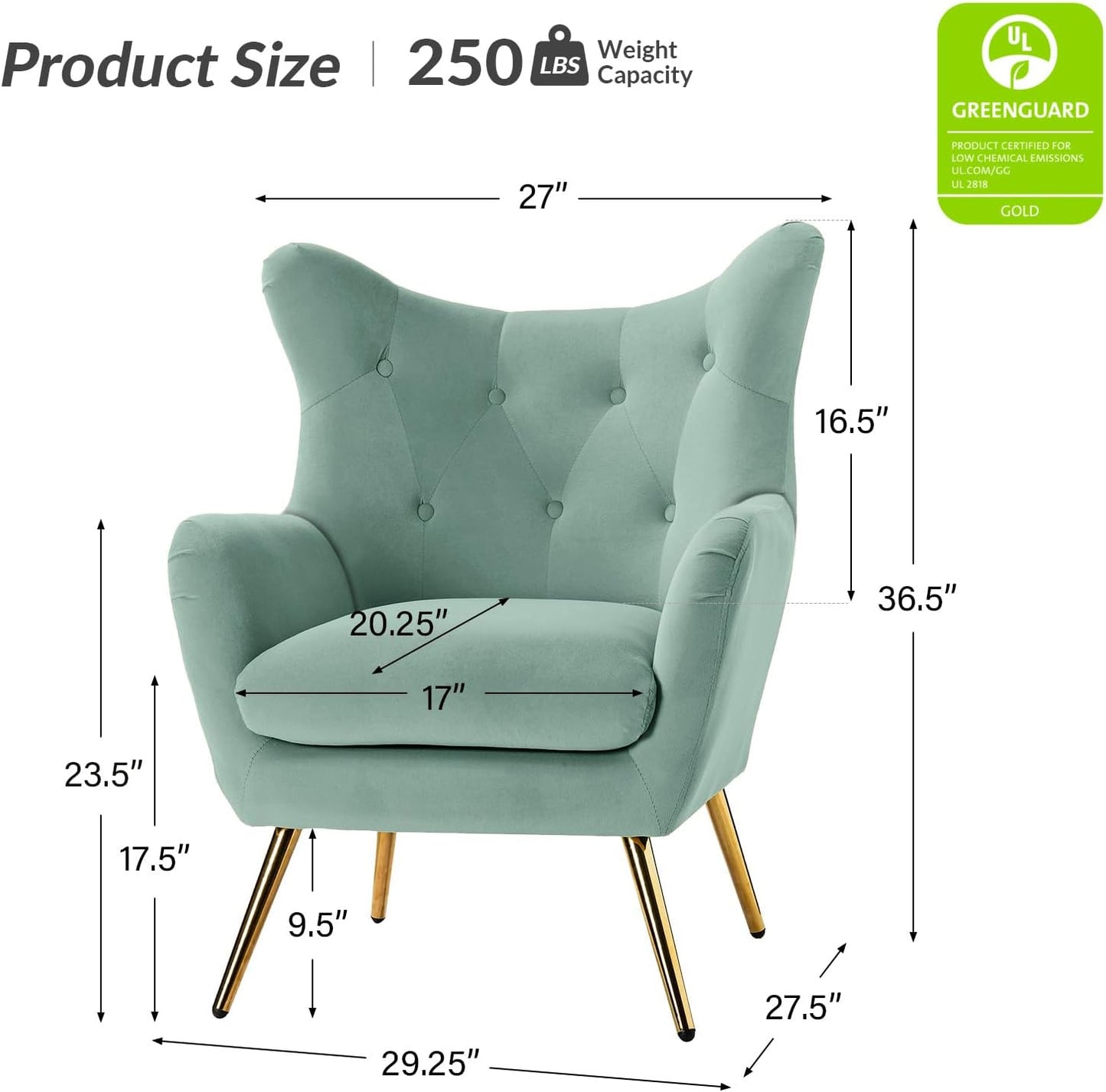 BNIB-HULALA Home Velvet Accent Chair, Modern Wingback Arm Chair with Metal Gold Legs, Velvet Tufted Upholstered