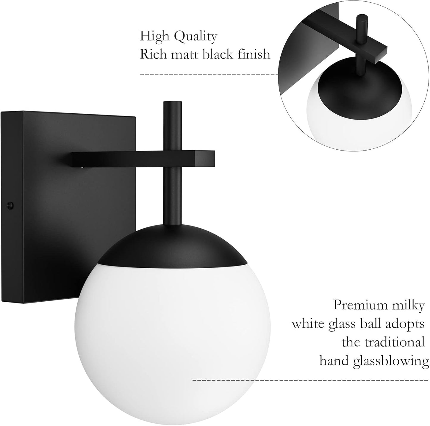 BNIB-Ralbay Matte Black Wall Sconce, Mid Century Modern Black Wall Light Fixtures Milky Glass Indoor(Exclude Bulb),-$25