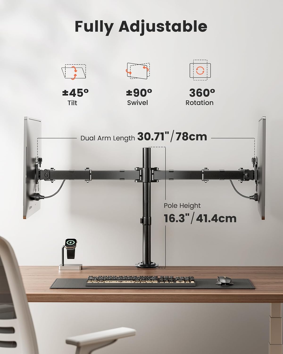 BNIB-ErGear Dual Monitor Desk Mount, Adjustable for 2 Computer Screens up to 32 inch,  Holds up to 17.6 lbs