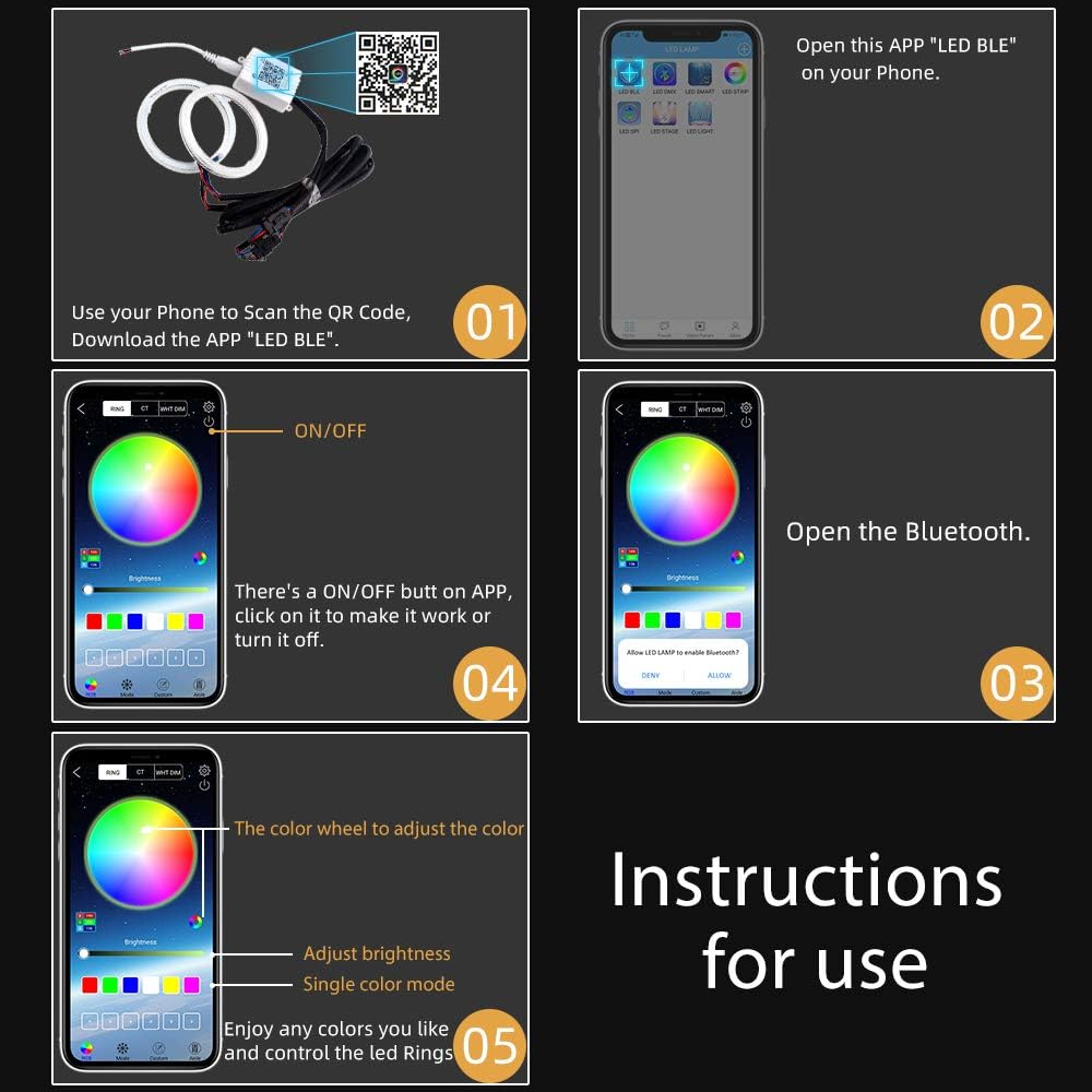 BNIB-70MM Multi-Color RGB LED Halo Rings Light COB Mart Phone iOS Android App Bluetooth Control,-$25