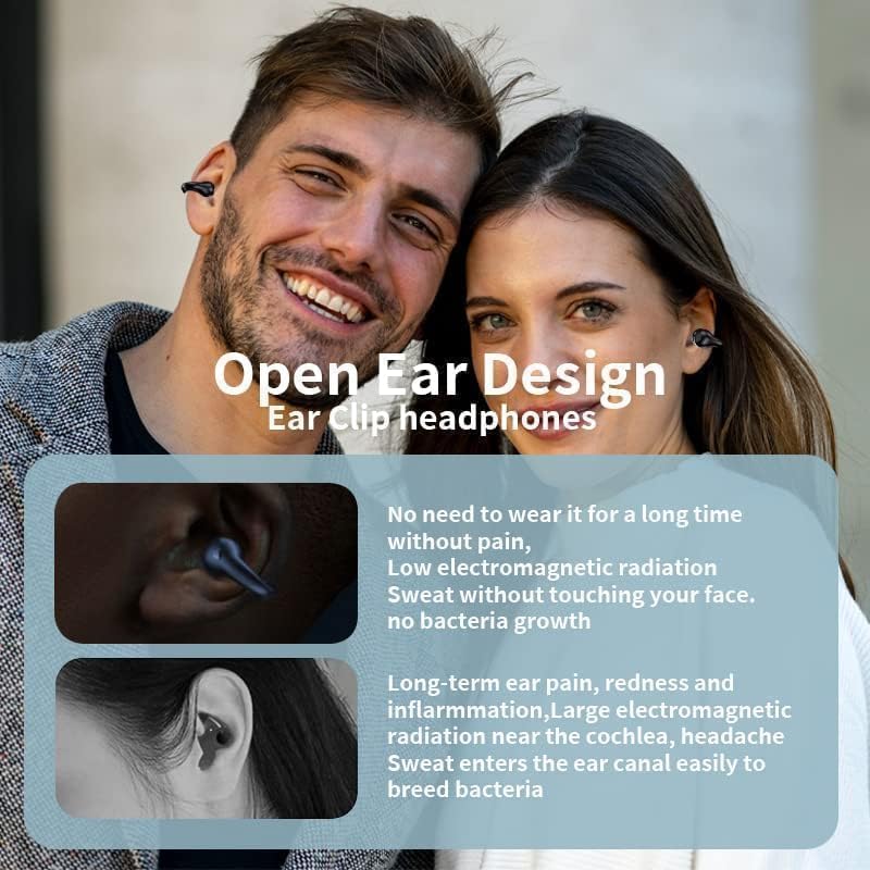 BNIB-Open Ear Clip Wireless Bone Conduction Earbuds, Built-in Microphone, Wireless Charging Case