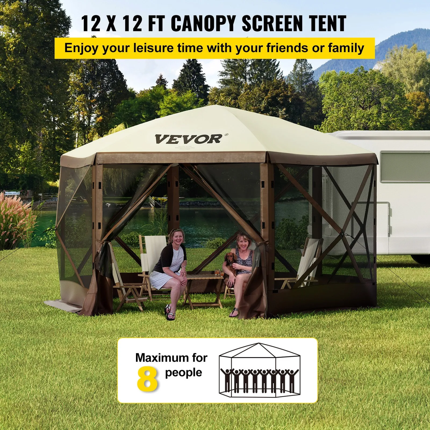 VEVOR Gazebo Screen Tent, 12 x 12 ft, 6 Sided Pop-up Camping Canopy Shelter Tent with Mesh Windows,-$180