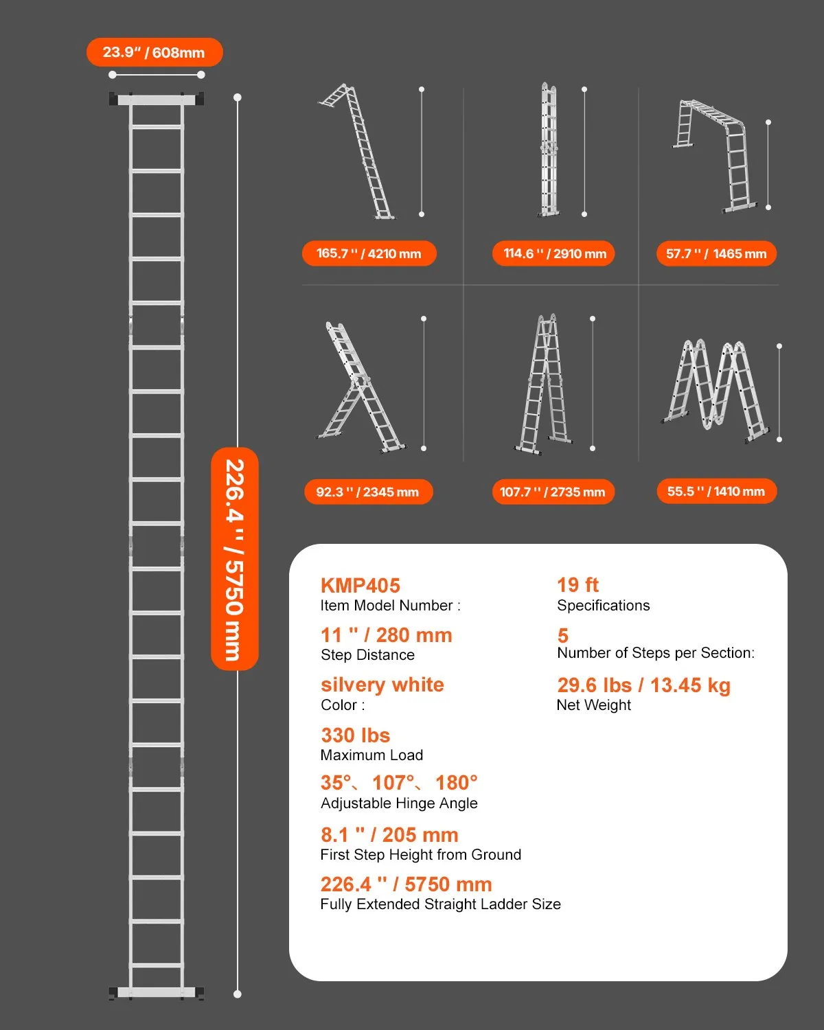 VEVOR Multi-Purpose Folding Ladder, 7-in-1 Tall Extension Step Ladder, A Frame 5 Step Telescoping,-$140